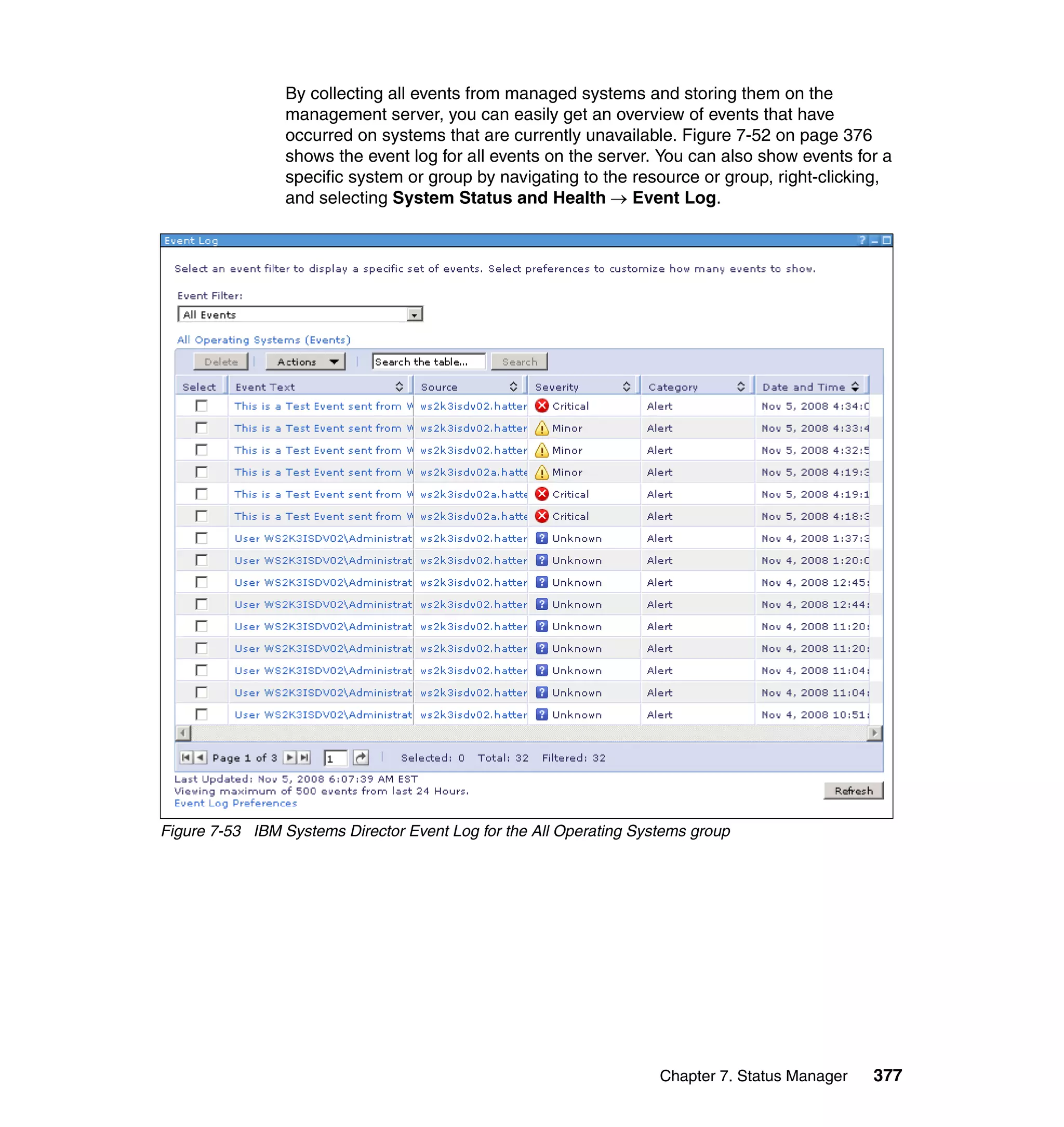 Chapter 7. Status Manager 377
By collecting all events from managed systems and storing them on the
management server, you can easily get an overview of events that have
occurred on systems that are currently unavailable. Figure 7-52 on page 376
shows the event log for all events on the server. You can also show events for a
specific system or group by navigating to the resource or group, right-clicking,
and selecting System Status and Health → Event Log.
Figure 7-53 IBM Systems Director Event Log for the All Operating Systems group
 