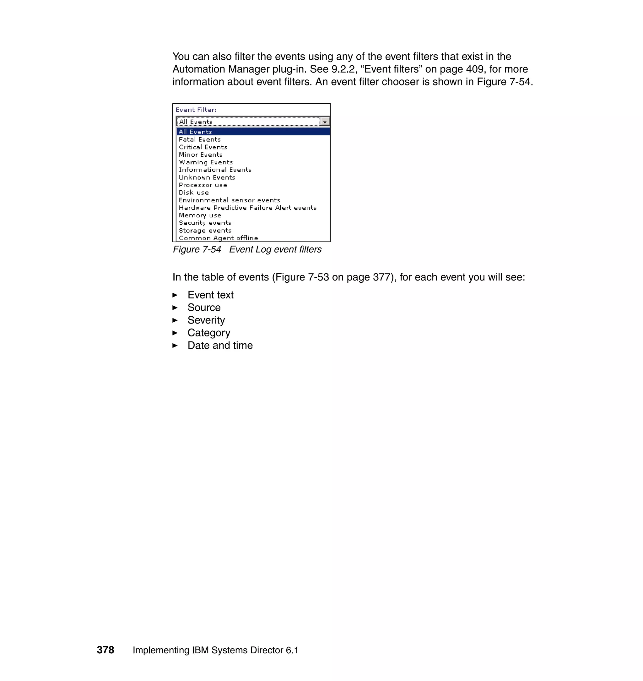 378 Implementing IBM Systems Director 6.1
You can also filter the events using any of the event filters that exist in the
Automation Manager plug-in. See 9.2.2, “Event filters” on page 409, for more
information about event filters. An event filter chooser is shown in Figure 7-54.
Figure 7-54 Event Log event filters
In the table of events (Figure 7-53 on page 377), for each event you will see:
Event text
Source
Severity
Category
Date and time
 