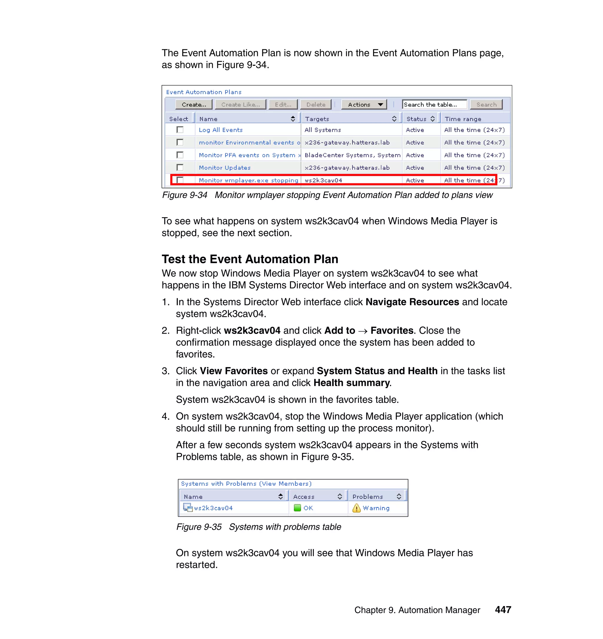 Chapter 9. Automation Manager 447
The Event Automation Plan is now shown in the Event Automation Plans page,
as shown in Figure 9-34.
Figure 9-34 Monitor wmplayer stopping Event Automation Plan added to plans view
To see what happens on system ws2k3cav04 when Windows Media Player is
stopped, see the next section.
Test the Event Automation Plan
We now stop Windows Media Player on system ws2k3cav04 to see what
happens in the IBM Systems Director Web interface and on system ws2k3cav04.
1. In the Systems Director Web interface click Navigate Resources and locate
system ws2k3cav04.
2. Right-click ws2k3cav04 and click Add to → Favorites. Close the
confirmation message displayed once the system has been added to
favorites.
3. Click View Favorites or expand System Status and Health in the tasks list
in the navigation area and click Health summary.
System ws2k3cav04 is shown in the favorites table.
4. On system ws2k3cav04, stop the Windows Media Player application (which
should still be running from setting up the process monitor).
After a few seconds system ws2k3cav04 appears in the Systems with
Problems table, as shown in Figure 9-35.
Figure 9-35 Systems with problems table
On system ws2k3cav04 you will see that Windows Media Player has
restarted.
 