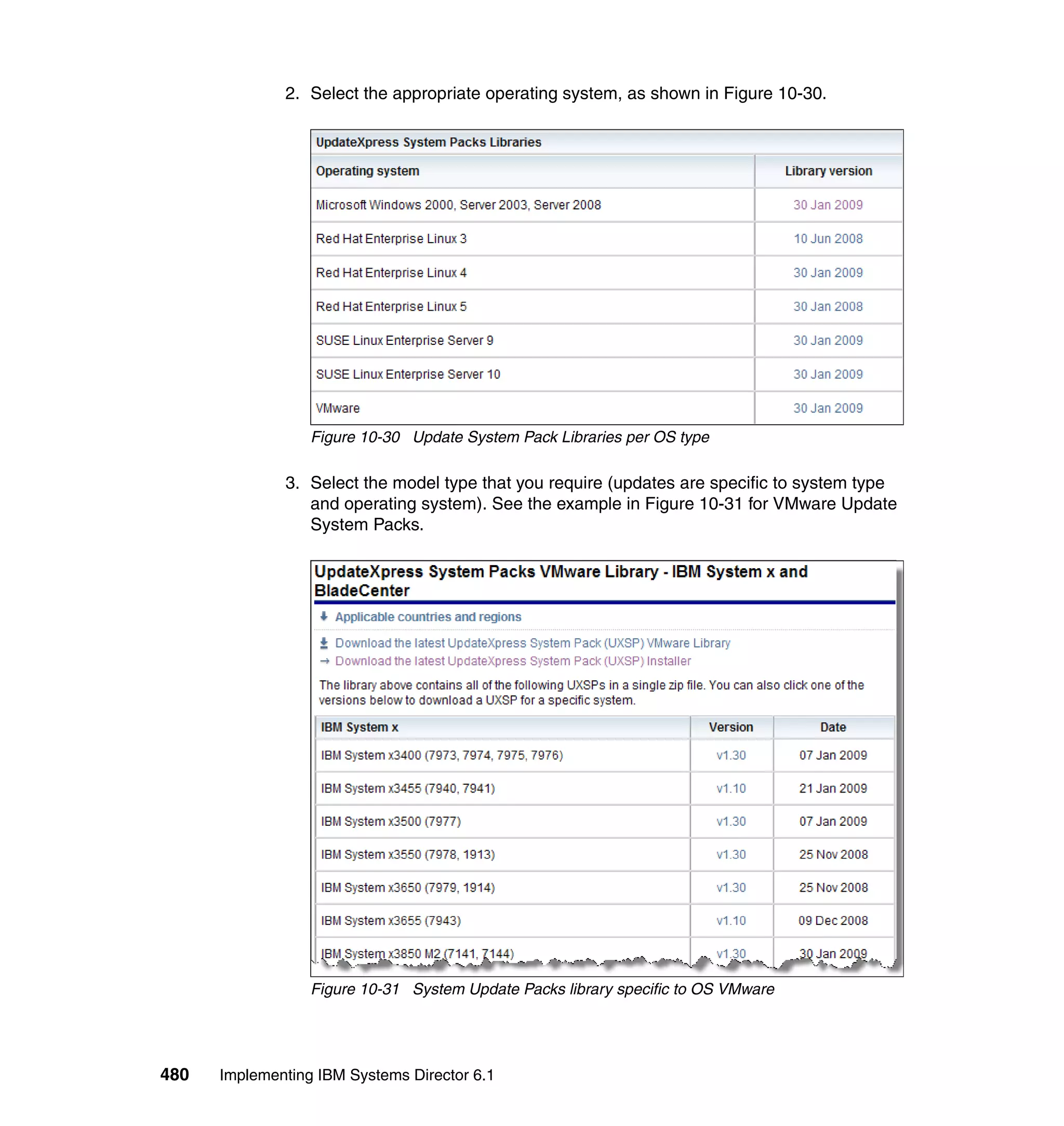 480 Implementing IBM Systems Director 6.1
2. Select the appropriate operating system, as shown in Figure 10-30.
Figure 10-30 Update System Pack Libraries per OS type
3. Select the model type that you require (updates are specific to system type
and operating system). See the example in Figure 10-31 for VMware Update
System Packs.
Figure 10-31 System Update Packs library specific to OS VMware
 