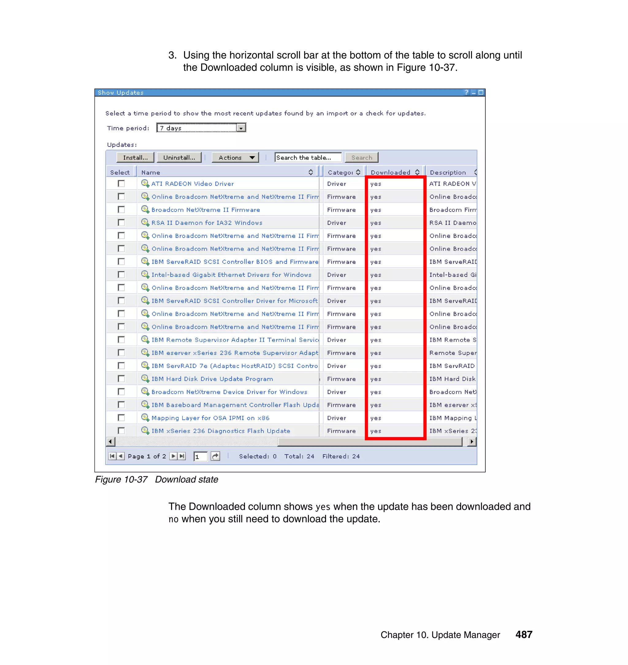 Chapter 10. Update Manager 487
3. Using the horizontal scroll bar at the bottom of the table to scroll along until
the Downloaded column is visible, as shown in Figure 10-37.
Figure 10-37 Download state
The Downloaded column shows yes when the update has been downloaded and
no when you still need to download the update.
 