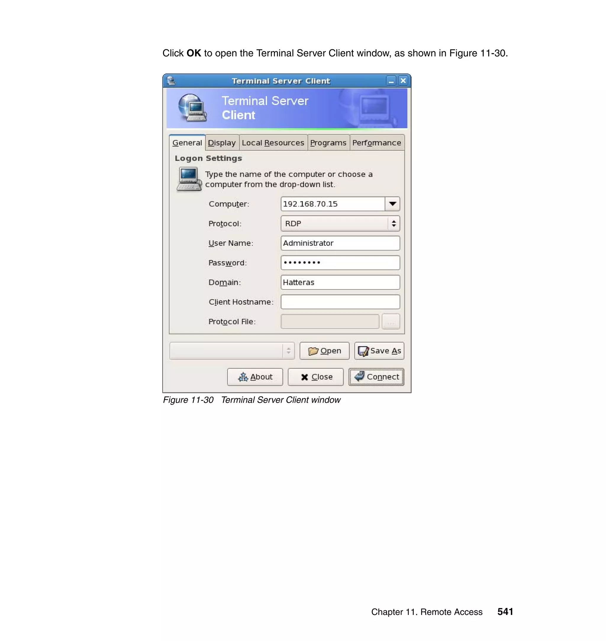 Chapter 11. Remote Access 541
Click OK to open the Terminal Server Client window, as shown in Figure 11-30.
Figure 11-30 Terminal Server Client window
 