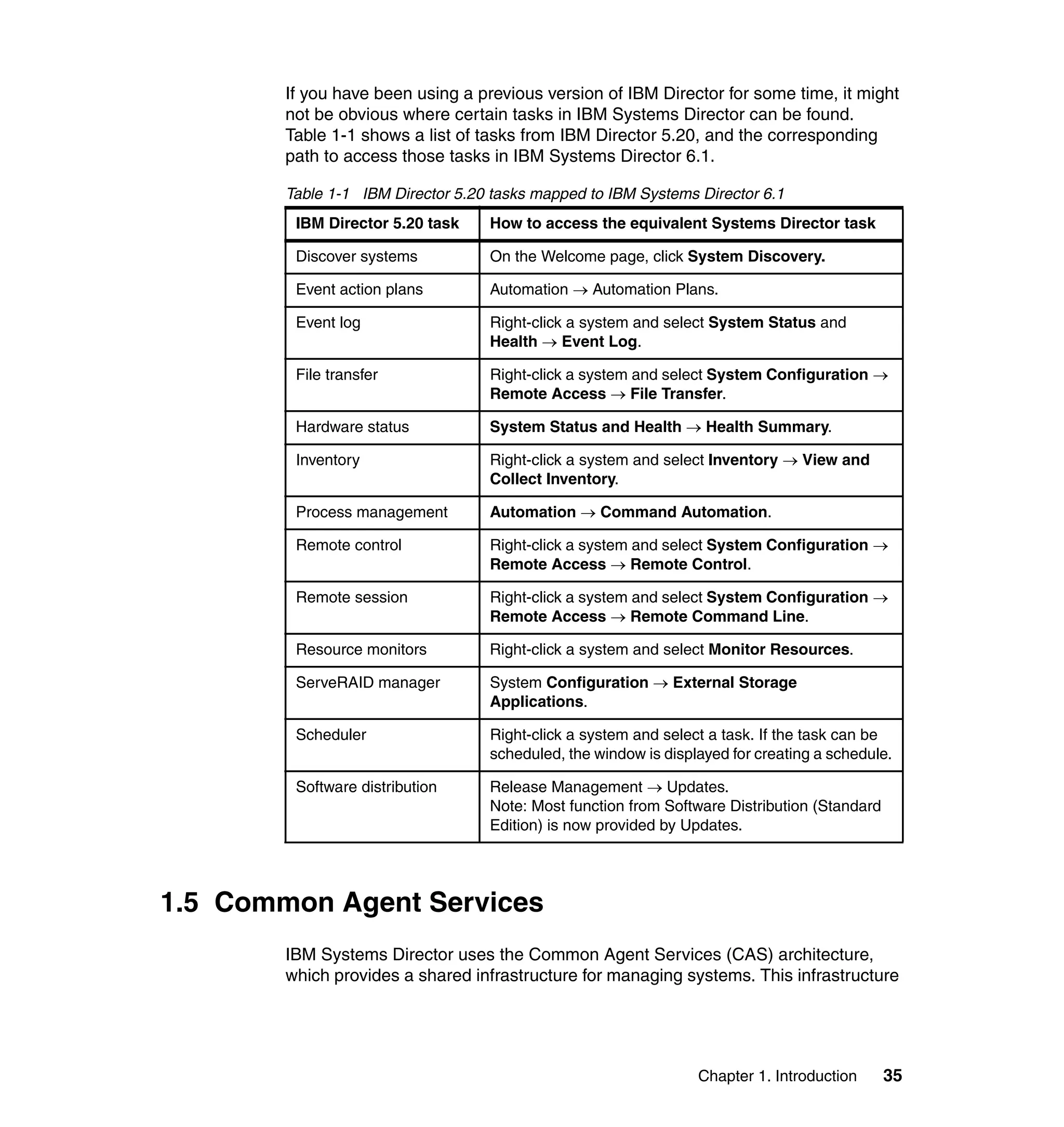 Chapter 1. Introduction 35
If you have been using a previous version of IBM Director for some time, it might
not be obvious where certain tasks in IBM Systems Director can be found.
Table 1-1 shows a list of tasks from IBM Director 5.20, and the corresponding
path to access those tasks in IBM Systems Director 6.1.
Table 1-1 IBM Director 5.20 tasks mapped to IBM Systems Director 6.1
1.5 Common Agent Services
IBM Systems Director uses the Common Agent Services (CAS) architecture,
which provides a shared infrastructure for managing systems. This infrastructure
IBM Director 5.20 task How to access the equivalent Systems Director task
Discover systems On the Welcome page, click System Discovery.
Event action plans Automation → Automation Plans.
Event log Right-click a system and select System Status and
Health → Event Log.
File transfer Right-click a system and select System Configuration →
Remote Access → File Transfer.
Hardware status System Status and Health → Health Summary.
Inventory Right-click a system and select Inventory → View and
Collect Inventory.
Process management Automation → Command Automation.
Remote control Right-click a system and select System Configuration →
Remote Access → Remote Control.
Remote session Right-click a system and select System Configuration →
Remote Access → Remote Command Line.
Resource monitors Right-click a system and select Monitor Resources.
ServeRAID manager System Configuration → External Storage
Applications.
Scheduler Right-click a system and select a task. If the task can be
scheduled, the window is displayed for creating a schedule.
Software distribution Release Management → Updates.
Note: Most function from Software Distribution (Standard
Edition) is now provided by Updates.
 