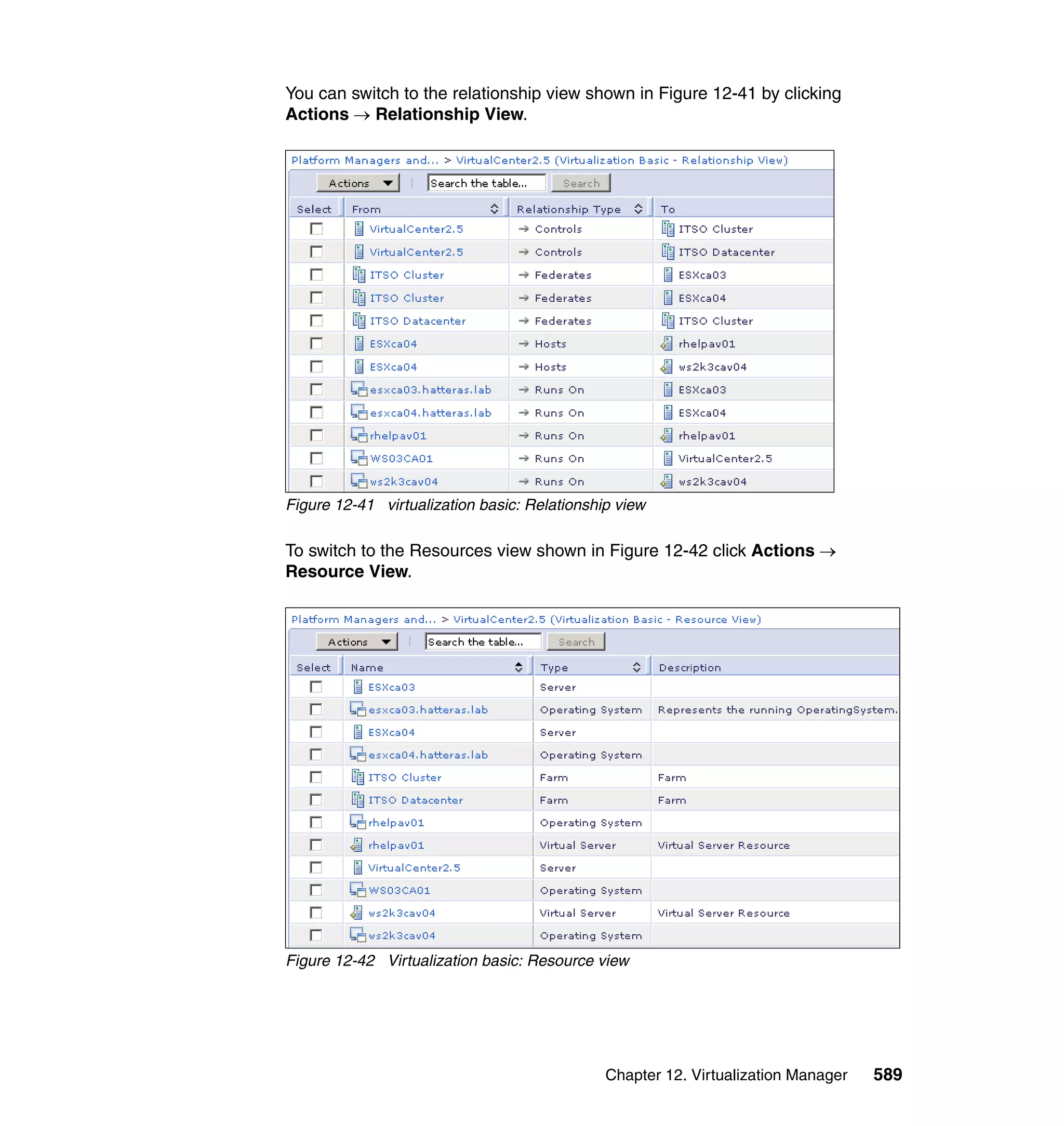 Chapter 12. Virtualization Manager 589
You can switch to the relationship view shown in Figure 12-41 by clicking
Actions → Relationship View.
Figure 12-41 virtualization basic: Relationship view
To switch to the Resources view shown in Figure 12-42 click Actions →
Resource View.
Figure 12-42 Virtualization basic: Resource view
 