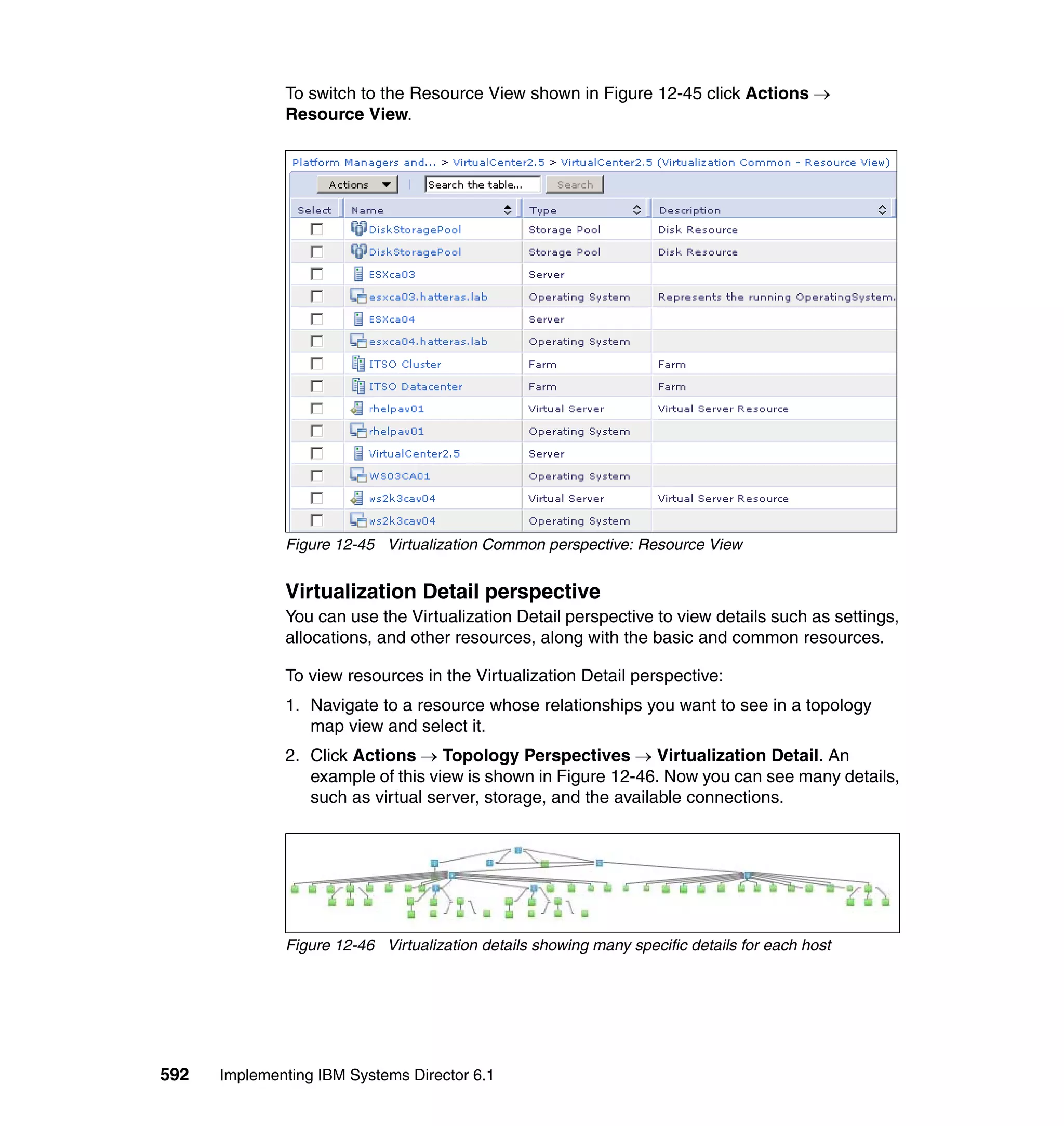 592 Implementing IBM Systems Director 6.1
To switch to the Resource View shown in Figure 12-45 click Actions →
Resource View.
Figure 12-45 Virtualization Common perspective: Resource View
Virtualization Detail perspective
You can use the Virtualization Detail perspective to view details such as settings,
allocations, and other resources, along with the basic and common resources.
To view resources in the Virtualization Detail perspective:
1. Navigate to a resource whose relationships you want to see in a topology
map view and select it.
2. Click Actions → Topology Perspectives → Virtualization Detail. An
example of this view is shown in Figure 12-46. Now you can see many details,
such as virtual server, storage, and the available connections.
Figure 12-46 Virtualization details showing many specific details for each host
 