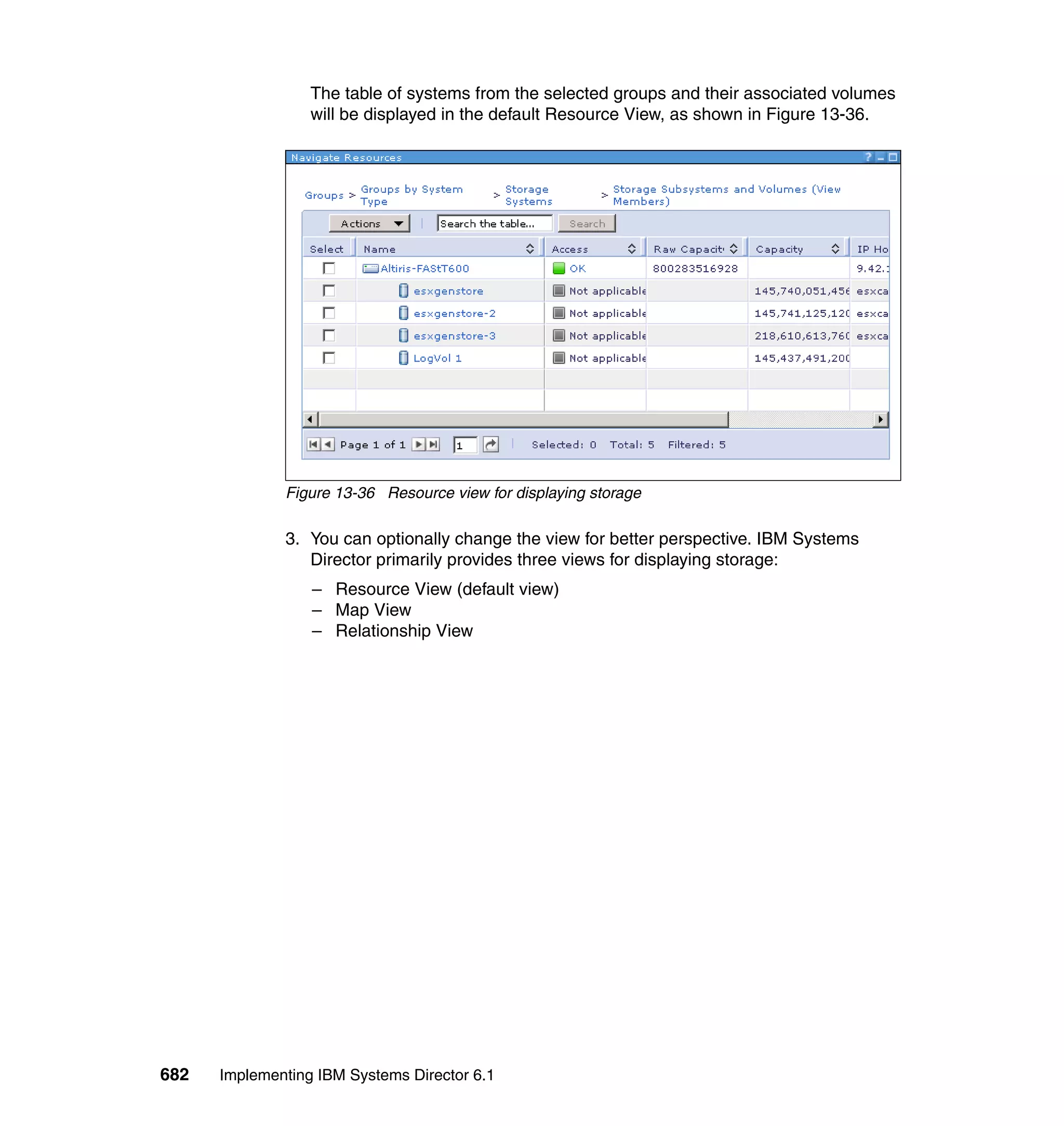 682 Implementing IBM Systems Director 6.1
The table of systems from the selected groups and their associated volumes
will be displayed in the default Resource View, as shown in Figure 13-36.
Figure 13-36 Resource view for displaying storage
3. You can optionally change the view for better perspective. IBM Systems
Director primarily provides three views for displaying storage:
– Resource View (default view)
– Map View
– Relationship View
 