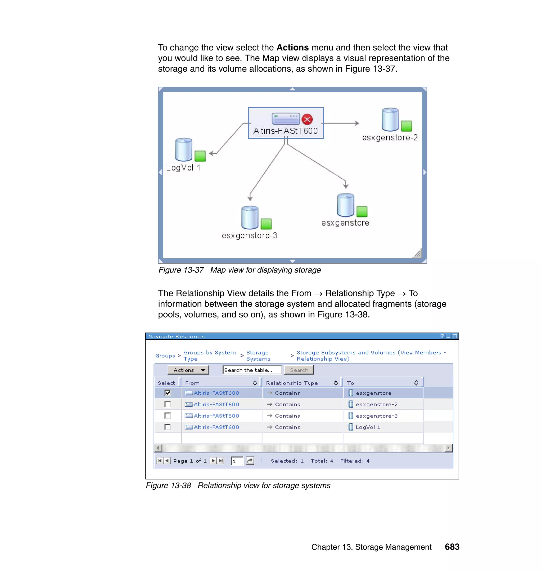 Chapter 13. Storage Management 683
To change the view select the Actions menu and then select the view that
you would like to see. The Map view displays a visual representation of the
storage and its volume allocations, as shown in Figure 13-37.
Figure 13-37 Map view for displaying storage
The Relationship View details the From → Relationship Type → To
information between the storage system and allocated fragments (storage
pools, volumes, and so on), as shown in Figure 13-38.
Figure 13-38 Relationship view for storage systems
 