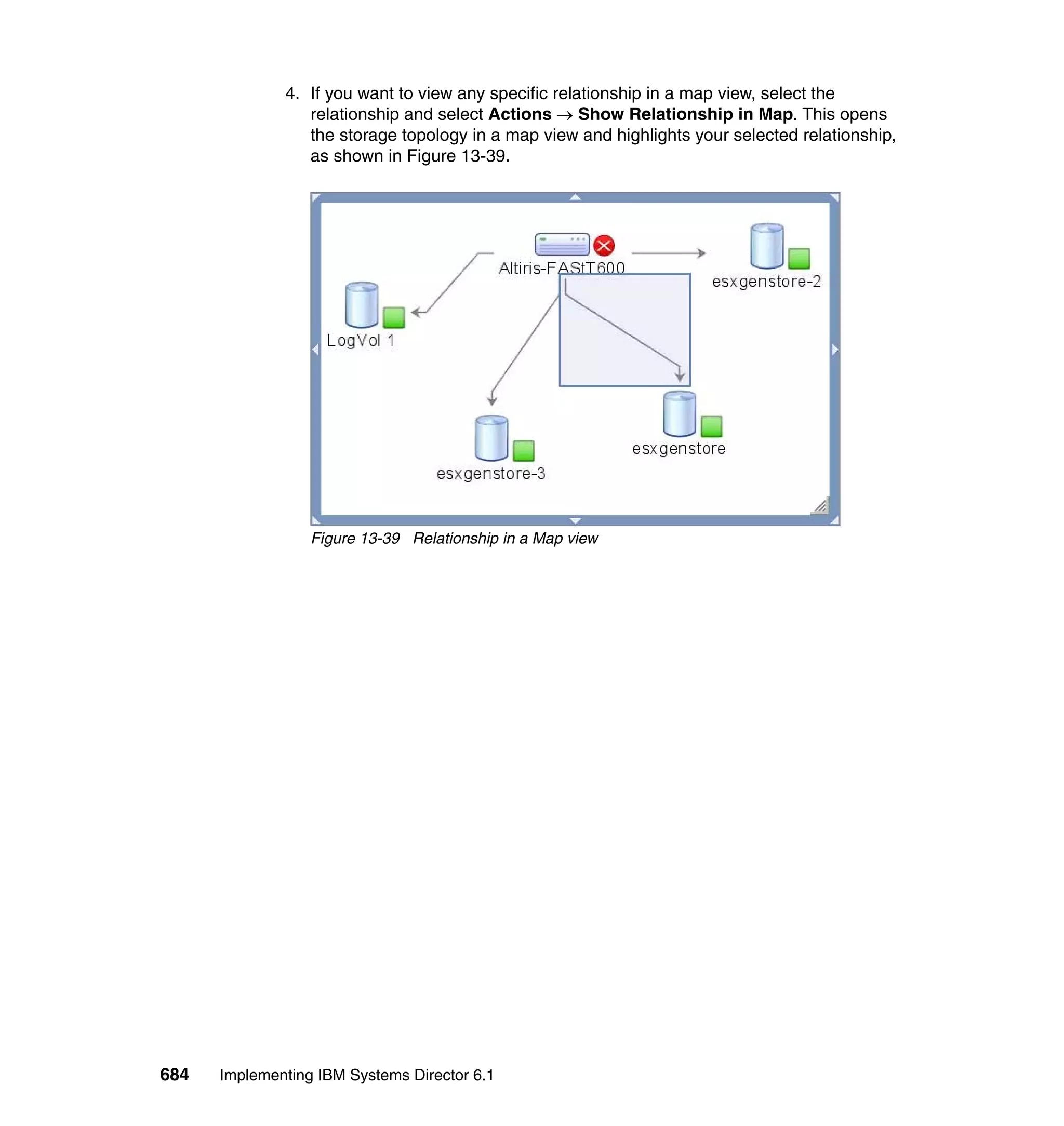 684 Implementing IBM Systems Director 6.1
4. If you want to view any specific relationship in a map view, select the
relationship and select Actions → Show Relationship in Map. This opens
the storage topology in a map view and highlights your selected relationship,
as shown in Figure 13-39.
Figure 13-39 Relationship in a Map view
 