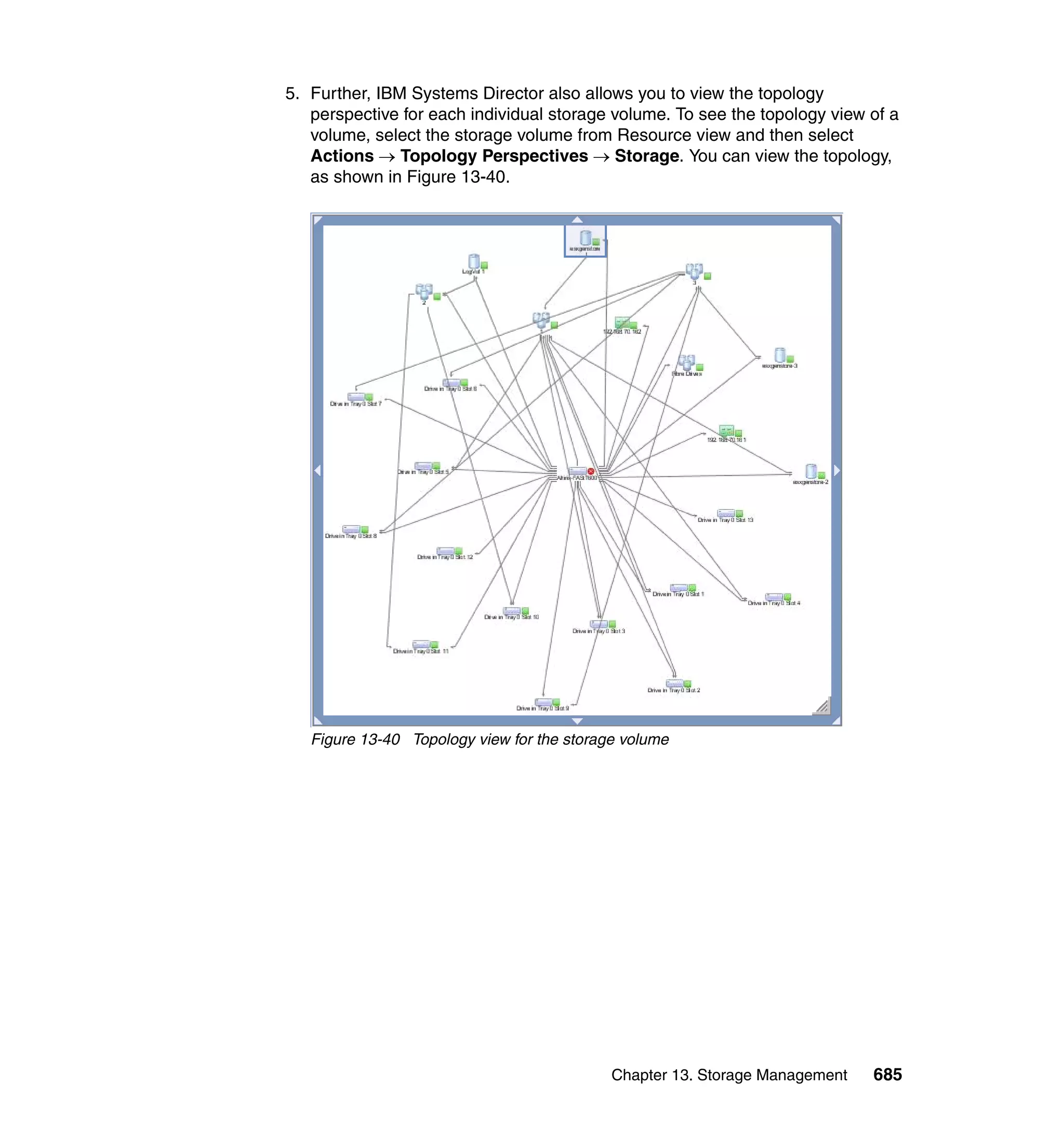 Chapter 13. Storage Management 685
5. Further, IBM Systems Director also allows you to view the topology
perspective for each individual storage volume. To see the topology view of a
volume, select the storage volume from Resource view and then select
Actions → Topology Perspectives → Storage. You can view the topology,
as shown in Figure 13-40.
Figure 13-40 Topology view for the storage volume
 