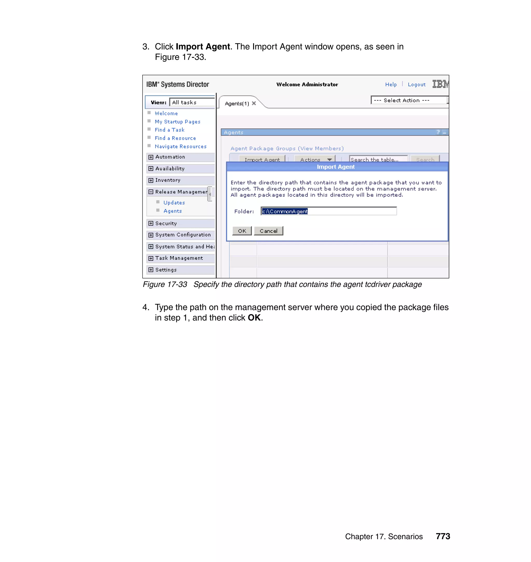 Chapter 17. Scenarios 773
3. Click Import Agent. The Import Agent window opens, as seen in
Figure 17-33.
Figure 17-33 Specify the directory path that contains the agent tcdriver package
4. Type the path on the management server where you copied the package files
in step 1, and then click OK.
 
