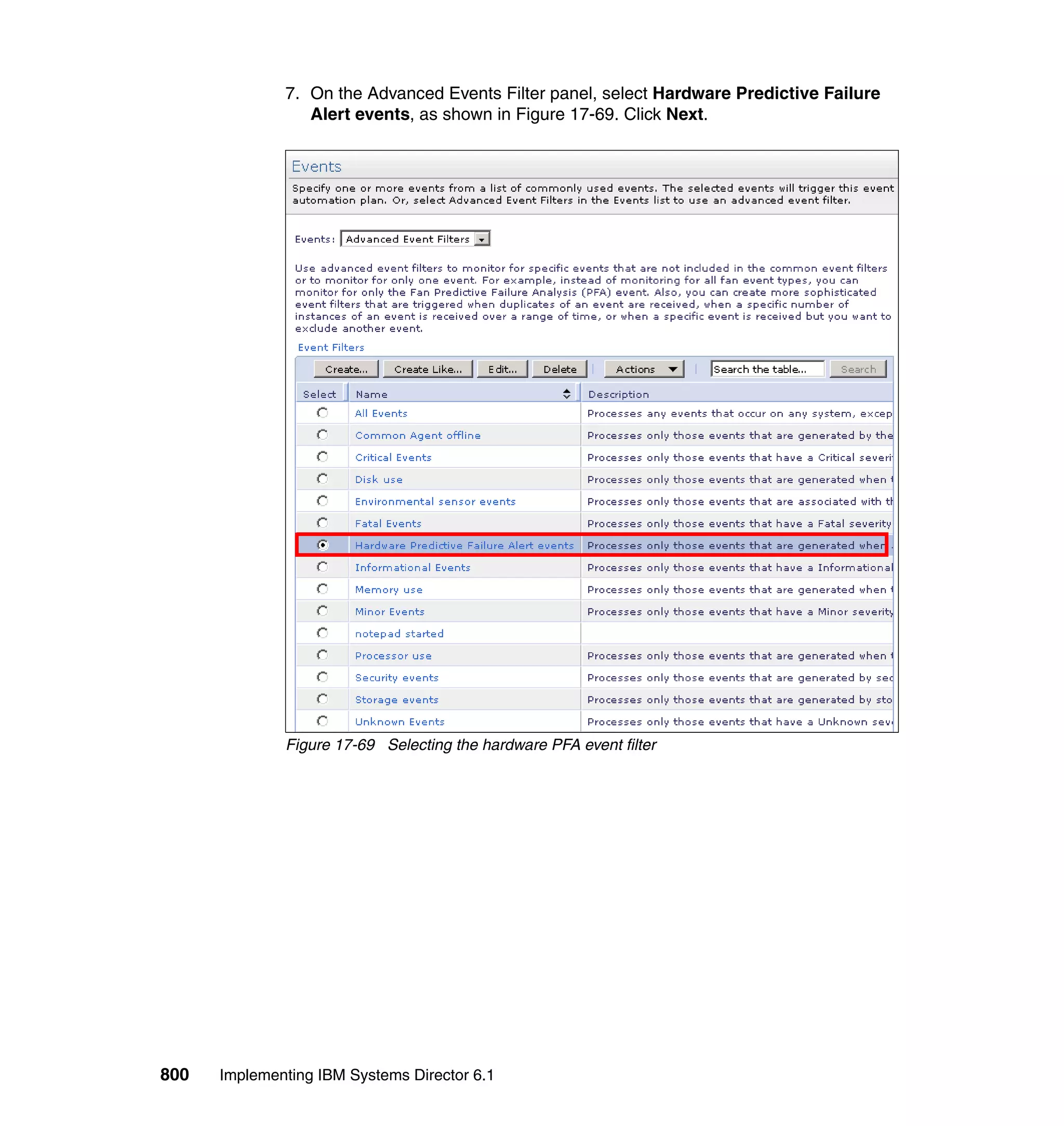 800 Implementing IBM Systems Director 6.1
7. On the Advanced Events Filter panel, select Hardware Predictive Failure
Alert events, as shown in Figure 17-69. Click Next.
Figure 17-69 Selecting the hardware PFA event filter
 