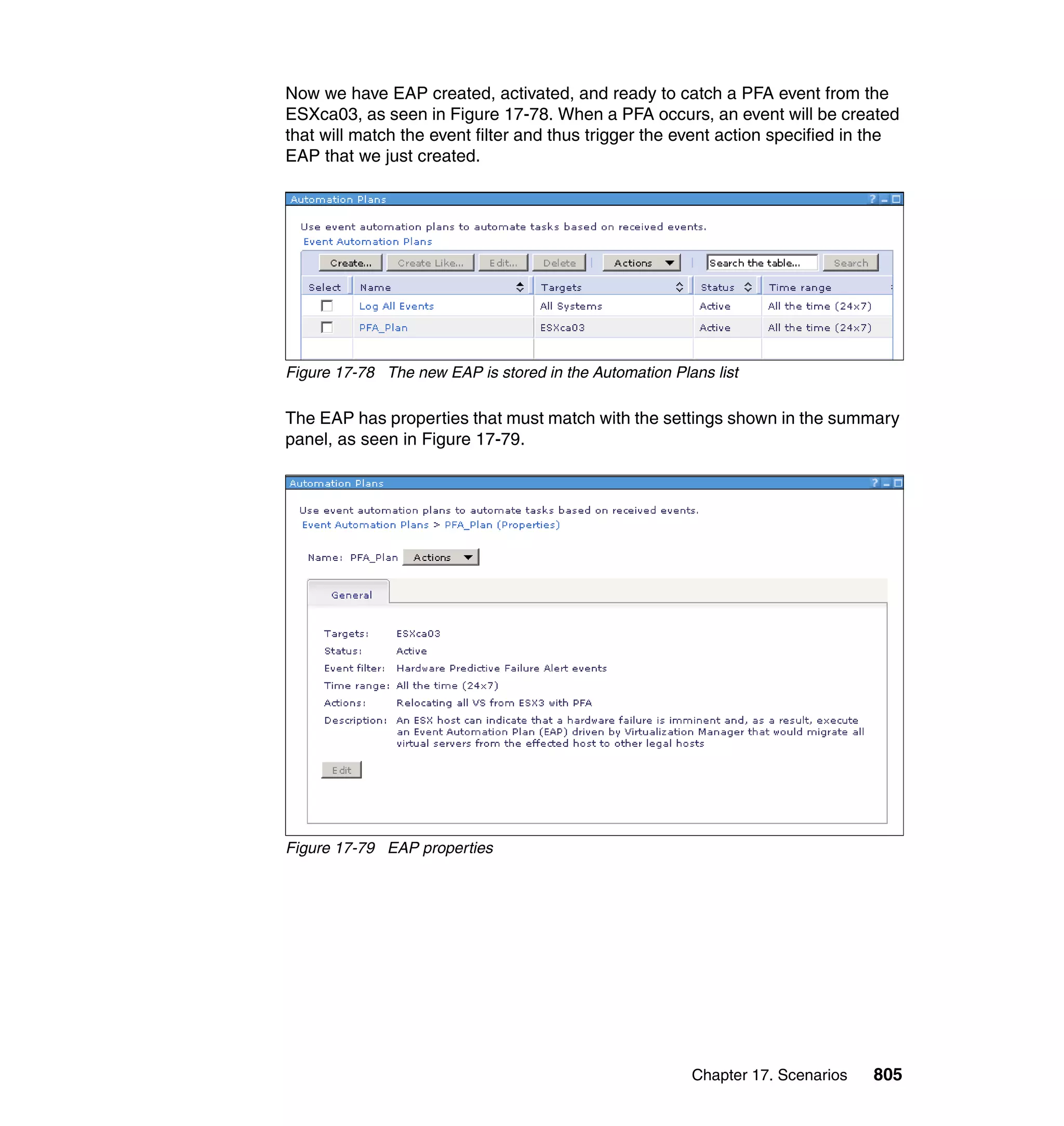 Chapter 17. Scenarios 805
Now we have EAP created, activated, and ready to catch a PFA event from the
ESXca03, as seen in Figure 17-78. When a PFA occurs, an event will be created
that will match the event filter and thus trigger the event action specified in the
EAP that we just created.
Figure 17-78 The new EAP is stored in the Automation Plans list
The EAP has properties that must match with the settings shown in the summary
panel, as seen in Figure 17-79.
Figure 17-79 EAP properties
 