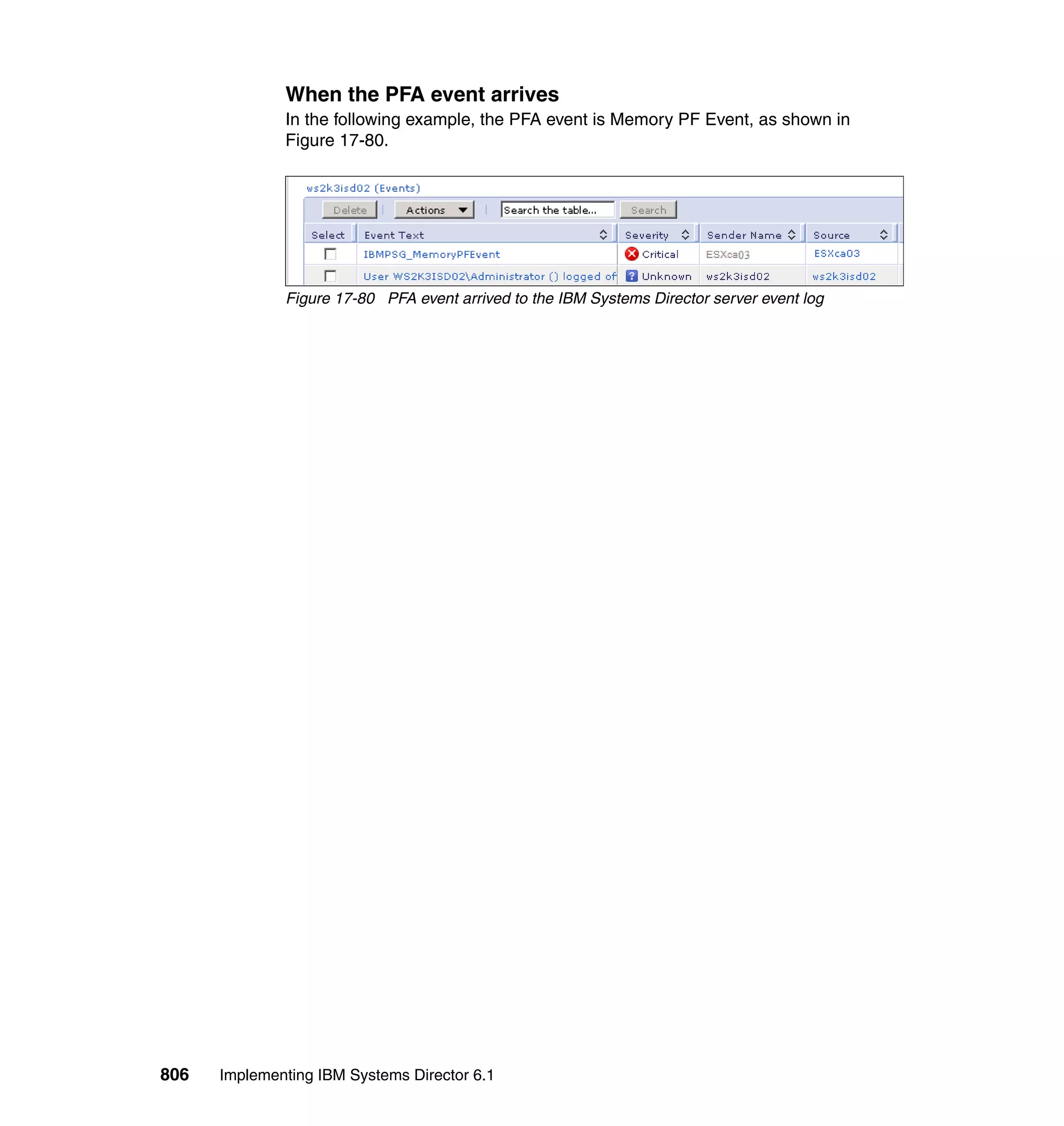 806 Implementing IBM Systems Director 6.1
When the PFA event arrives
In the following example, the PFA event is Memory PF Event, as shown in
Figure 17-80.
Figure 17-80 PFA event arrived to the IBM Systems Director server event log
 