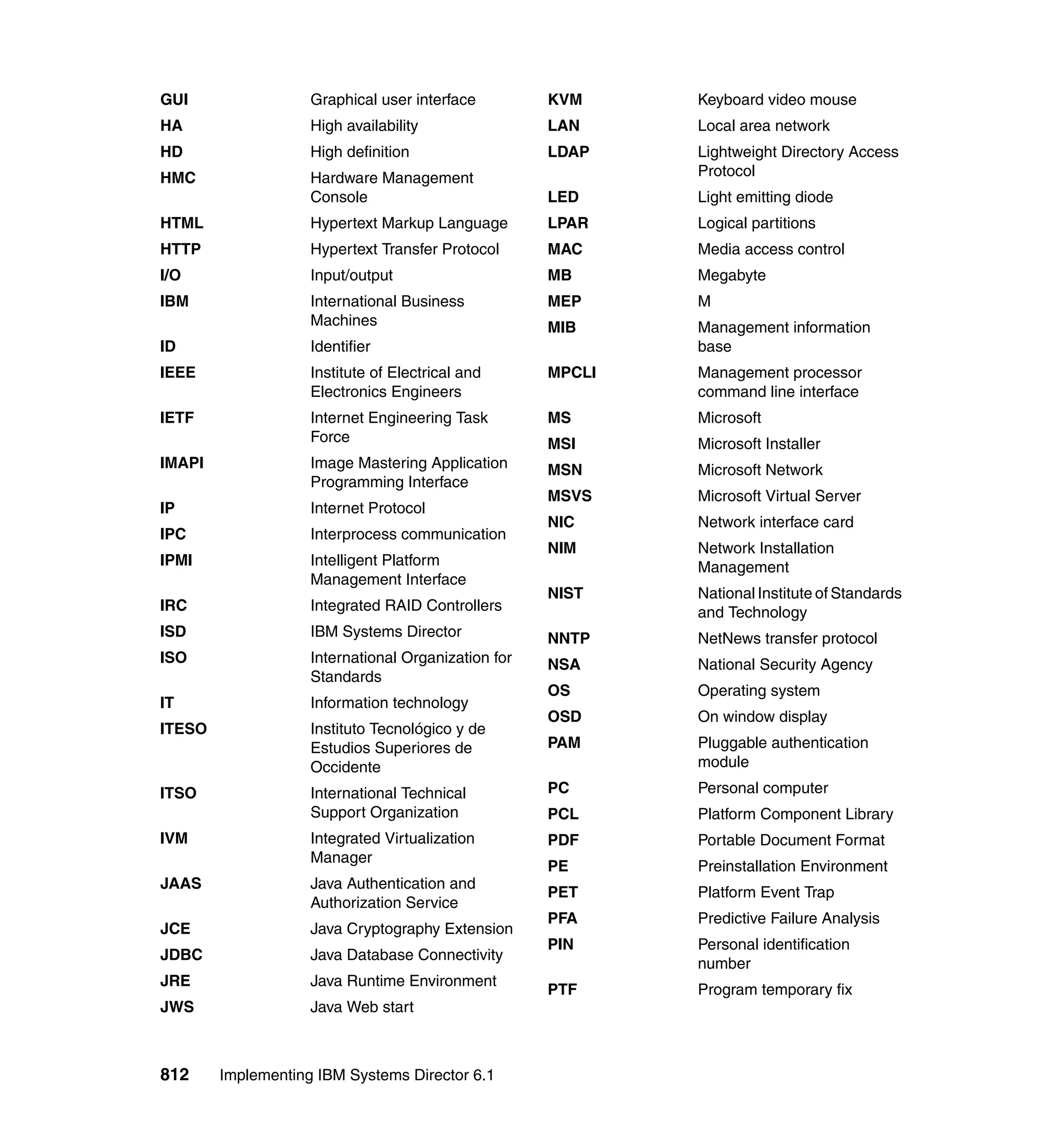 812 Implementing IBM Systems Director 6.1
GUI Graphical user interface
HA High availability
HD High definition
HMC Hardware Management
Console
HTML Hypertext Markup Language
HTTP Hypertext Transfer Protocol
I/O Input/output
IBM International Business
Machines
ID Identifier
IEEE Institute of Electrical and
Electronics Engineers
IETF Internet Engineering Task
Force
IMAPI Image Mastering Application
Programming Interface
IP Internet Protocol
IPC Interprocess communication
IPMI Intelligent Platform
Management Interface
IRC Integrated RAID Controllers
ISD IBM Systems Director
ISO International Organization for
Standards
IT Information technology
ITESO Instituto Tecnológico y de
Estudios Superiores de
Occidente
ITSO International Technical
Support Organization
IVM Integrated Virtualization
Manager
JAAS Java Authentication and
Authorization Service
JCE Java Cryptography Extension
JDBC Java Database Connectivity
JRE Java Runtime Environment
JWS Java Web start
KVM Keyboard video mouse
LAN Local area network
LDAP Lightweight Directory Access
Protocol
LED Light emitting diode
LPAR Logical partitions
MAC Media access control
MB Megabyte
MEP M
MIB Management information
base
MPCLI Management processor
command line interface
MS Microsoft
MSI Microsoft Installer
MSN Microsoft Network
MSVS Microsoft Virtual Server
NIC Network interface card
NIM Network Installation
Management
NIST National Institute of Standards
and Technology
NNTP NetNews transfer protocol
NSA National Security Agency
OS Operating system
OSD On window display
PAM Pluggable authentication
module
PC Personal computer
PCL Platform Component Library
PDF Portable Document Format
PE Preinstallation Environment
PET Platform Event Trap
PFA Predictive Failure Analysis
PIN Personal identification
number
PTF Program temporary fix
 