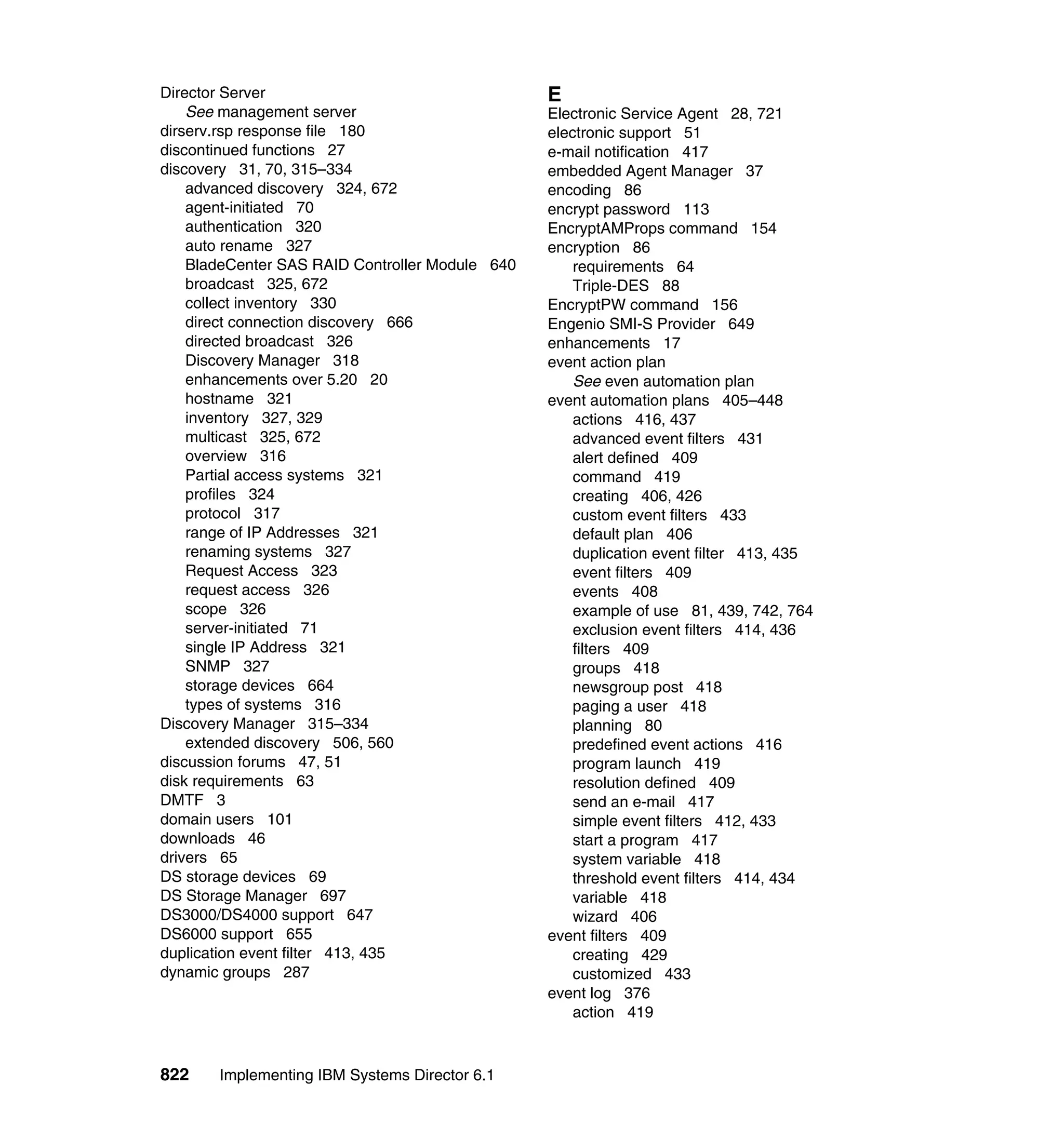 822 Implementing IBM Systems Director 6.1
Director Server
See management server
dirserv.rsp response file 180
discontinued functions 27
discovery 31, 70, 315–334
advanced discovery 324, 672
agent-initiated 70
authentication 320
auto rename 327
BladeCenter SAS RAID Controller Module 640
broadcast 325, 672
collect inventory 330
direct connection discovery 666
directed broadcast 326
Discovery Manager 318
enhancements over 5.20 20
hostname 321
inventory 327, 329
multicast 325, 672
overview 316
Partial access systems 321
profiles 324
protocol 317
range of IP Addresses 321
renaming systems 327
Request Access 323
request access 326
scope 326
server-initiated 71
single IP Address 321
SNMP 327
storage devices 664
types of systems 316
Discovery Manager 315–334
extended discovery 506, 560
discussion forums 47, 51
disk requirements 63
DMTF 3
domain users 101
downloads 46
drivers 65
DS storage devices 69
DS Storage Manager 697
DS3000/DS4000 support 647
DS6000 support 655
duplication event filter 413, 435
dynamic groups 287
E
Electronic Service Agent 28, 721
electronic support 51
e-mail notification 417
embedded Agent Manager 37
encoding 86
encrypt password 113
EncryptAMProps command 154
encryption 86
requirements 64
Triple-DES 88
EncryptPW command 156
Engenio SMI-S Provider 649
enhancements 17
event action plan
See even automation plan
event automation plans 405–448
actions 416, 437
advanced event filters 431
alert defined 409
command 419
creating 406, 426
custom event filters 433
default plan 406
duplication event filter 413, 435
event filters 409
events 408
example of use 81, 439, 742, 764
exclusion event filters 414, 436
filters 409
groups 418
newsgroup post 418
paging a user 418
planning 80
predefined event actions 416
program launch 419
resolution defined 409
send an e-mail 417
simple event filters 412, 433
start a program 417
system variable 418
threshold event filters 414, 434
variable 418
wizard 406
event filters 409
creating 429
customized 433
event log 376
action 419
 