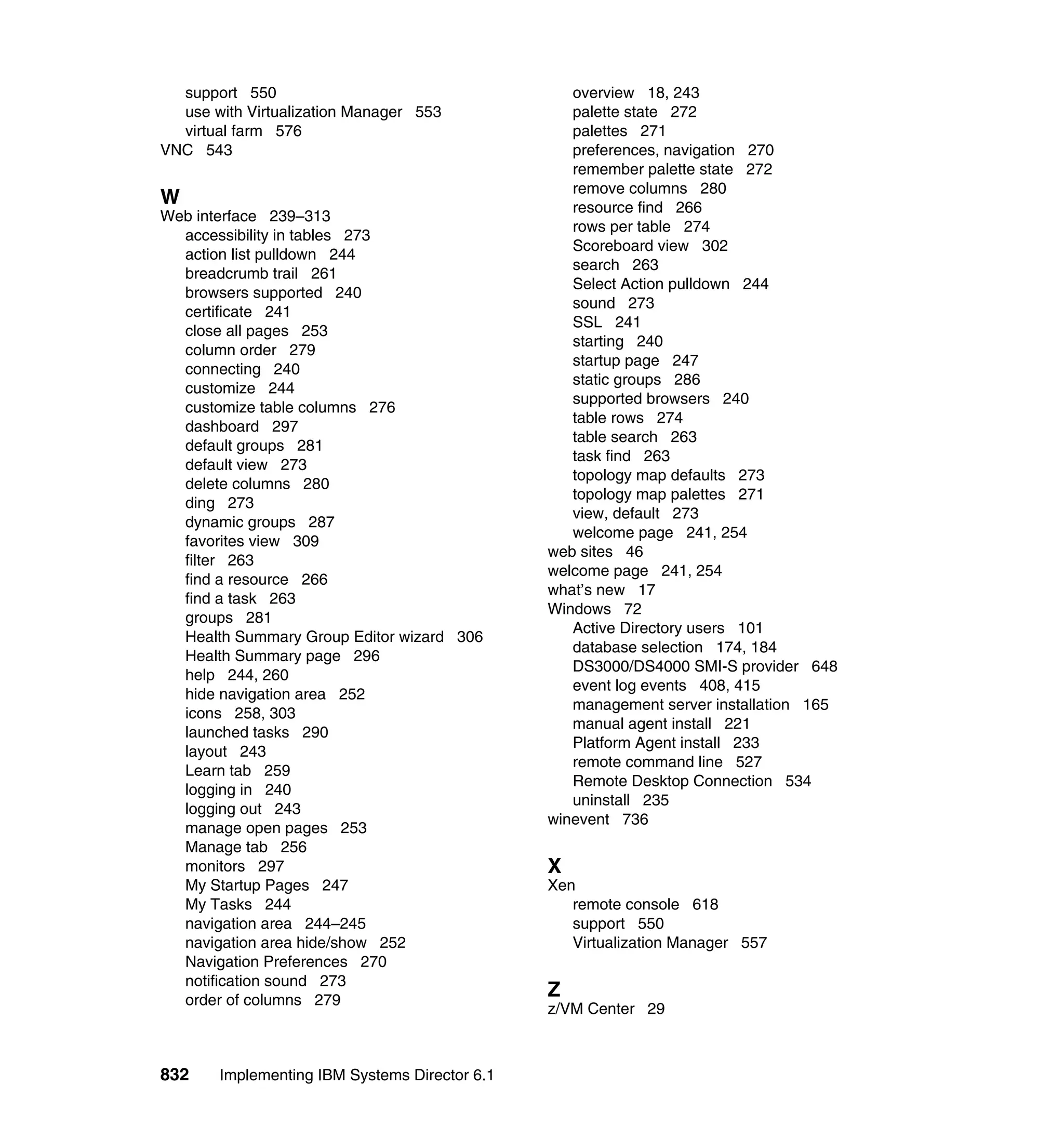832 Implementing IBM Systems Director 6.1
support 550
use with Virtualization Manager 553
virtual farm 576
VNC 543
W
Web interface 239–313
accessibility in tables 273
action list pulldown 244
breadcrumb trail 261
browsers supported 240
certificate 241
close all pages 253
column order 279
connecting 240
customize 244
customize table columns 276
dashboard 297
default groups 281
default view 273
delete columns 280
ding 273
dynamic groups 287
favorites view 309
filter 263
find a resource 266
find a task 263
groups 281
Health Summary Group Editor wizard 306
Health Summary page 296
help 244, 260
hide navigation area 252
icons 258, 303
launched tasks 290
layout 243
Learn tab 259
logging in 240
logging out 243
manage open pages 253
Manage tab 256
monitors 297
My Startup Pages 247
My Tasks 244
navigation area 244–245
navigation area hide/show 252
Navigation Preferences 270
notification sound 273
order of columns 279
overview 18, 243
palette state 272
palettes 271
preferences, navigation 270
remember palette state 272
remove columns 280
resource find 266
rows per table 274
Scoreboard view 302
search 263
Select Action pulldown 244
sound 273
SSL 241
starting 240
startup page 247
static groups 286
supported browsers 240
table rows 274
table search 263
task find 263
topology map defaults 273
topology map palettes 271
view, default 273
welcome page 241, 254
web sites 46
welcome page 241, 254
what’s new 17
Windows 72
Active Directory users 101
database selection 174, 184
DS3000/DS4000 SMI-S provider 648
event log events 408, 415
management server installation 165
manual agent install 221
Platform Agent install 233
remote command line 527
Remote Desktop Connection 534
uninstall 235
winevent 736
X
Xen
remote console 618
support 550
Virtualization Manager 557
Z
z/VM Center 29
 