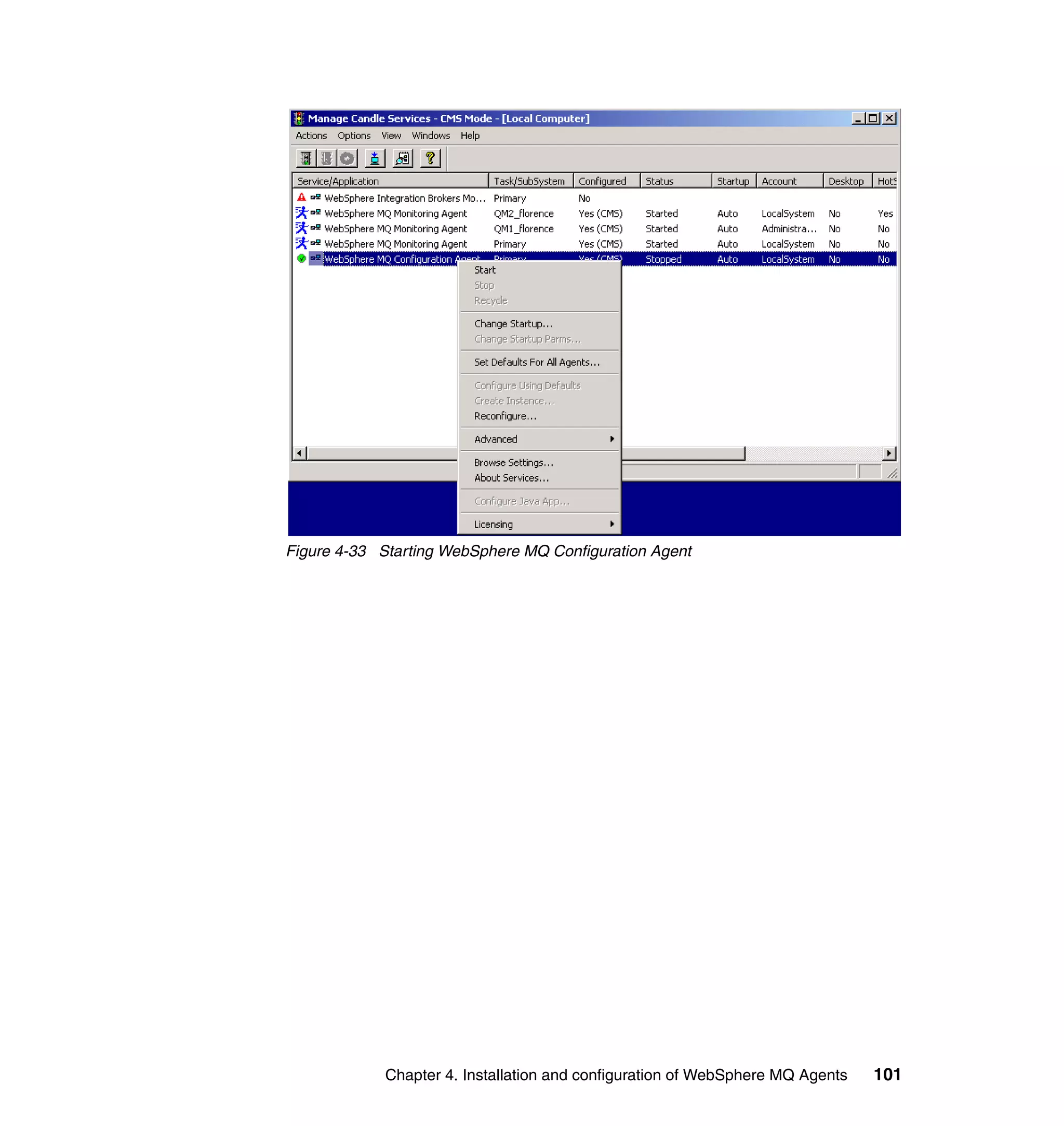 Figure 4-33 Starting WebSphere MQ Configuration Agent




             Chapter 4. Installation and configuration of WebSphere MQ Agents   101
 