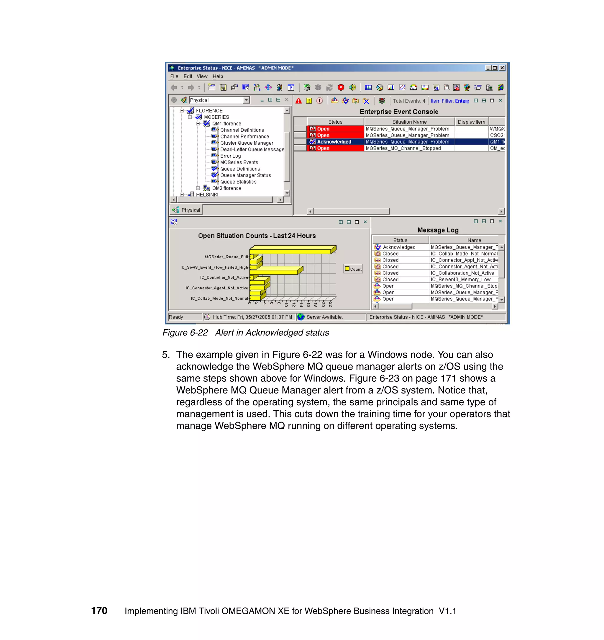 Figure 6-22 Alert in Acknowledged status

              5. The example given in Figure 6-22 was for a Windows node. You can also
                 acknowledge the WebSphere MQ queue manager alerts on z/OS using the
                 same steps shown above for Windows. Figure 6-23 on page 171 shows a
                 WebSphere MQ Queue Manager alert from a z/OS system. Notice that,
                 regardless of the operating system, the same principals and same type of
                 management is used. This cuts down the training time for your operators that
                 manage WebSphere MQ running on different operating systems.




170   Implementing IBM Tivoli OMEGAMON XE for WebSphere Business Integration V1.1
 