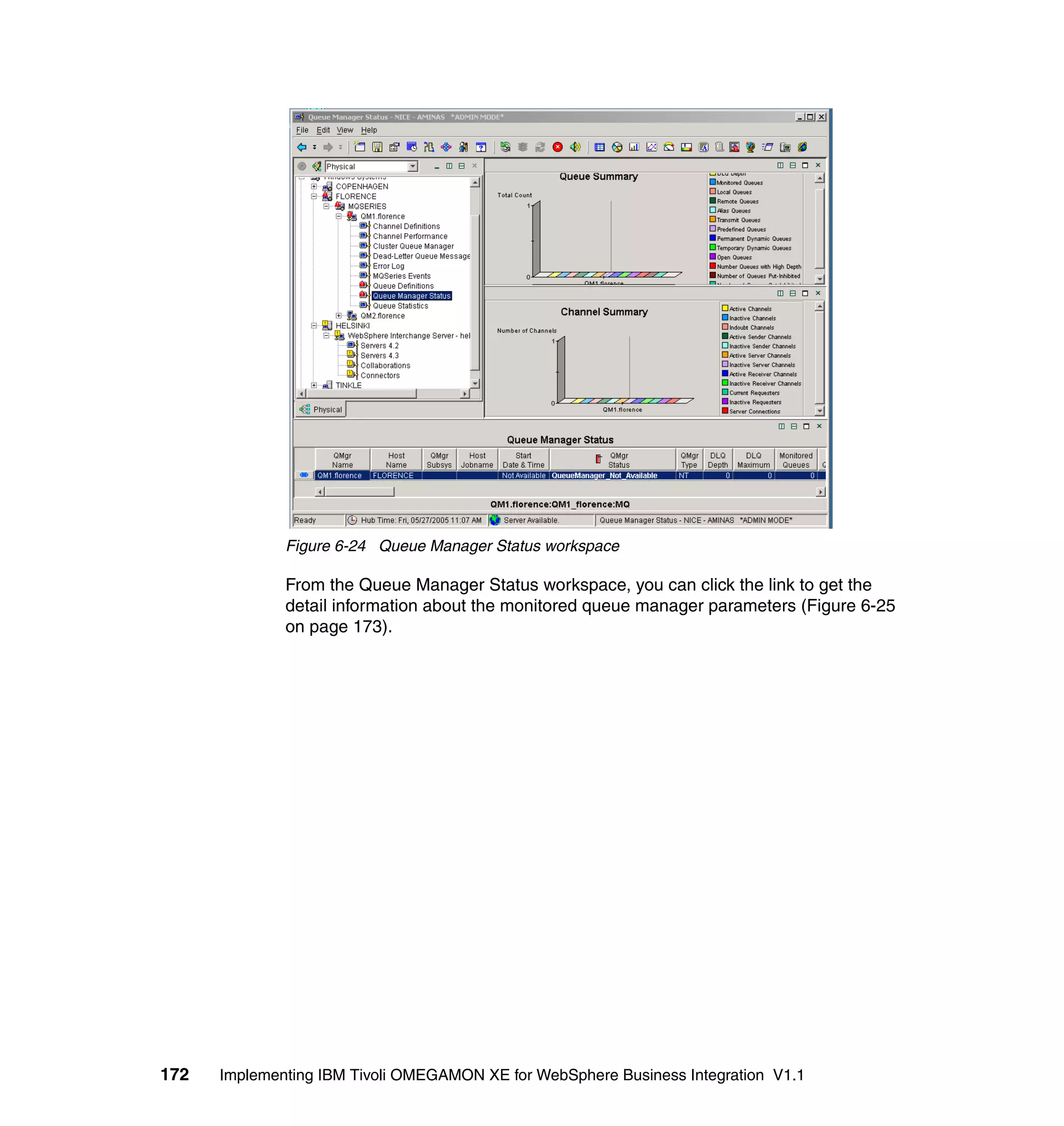Figure 6-24 Queue Manager Status workspace

              From the Queue Manager Status workspace, you can click the link to get the
              detail information about the monitored queue manager parameters (Figure 6-25
              on page 173).




172   Implementing IBM Tivoli OMEGAMON XE for WebSphere Business Integration V1.1
 