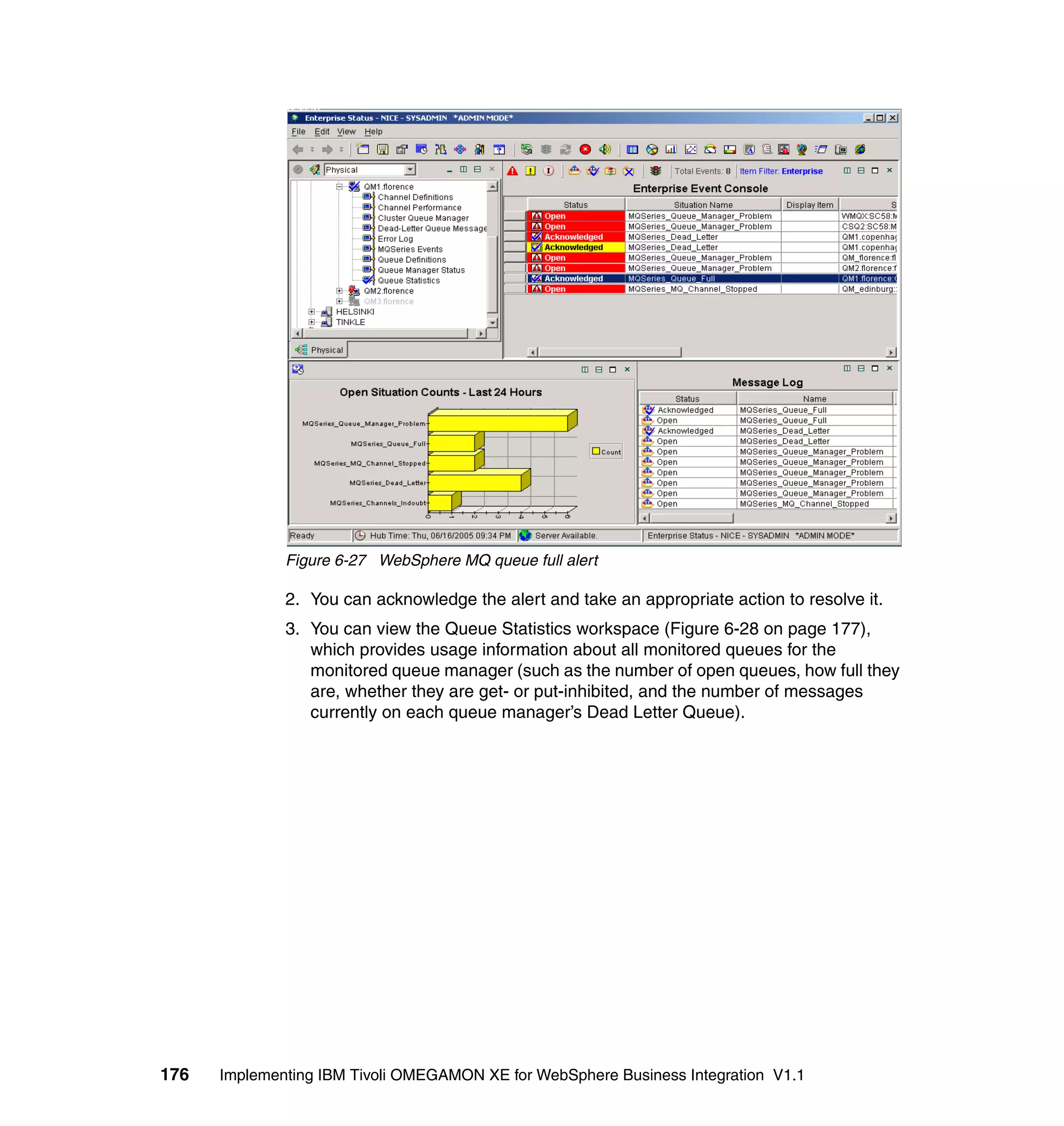 Figure 6-27 WebSphere MQ queue full alert

              2. You can acknowledge the alert and take an appropriate action to resolve it.
              3. You can view the Queue Statistics workspace (Figure 6-28 on page 177),
                 which provides usage information about all monitored queues for the
                 monitored queue manager (such as the number of open queues, how full they
                 are, whether they are get- or put-inhibited, and the number of messages
                 currently on each queue manager’s Dead Letter Queue).




176   Implementing IBM Tivoli OMEGAMON XE for WebSphere Business Integration V1.1
 