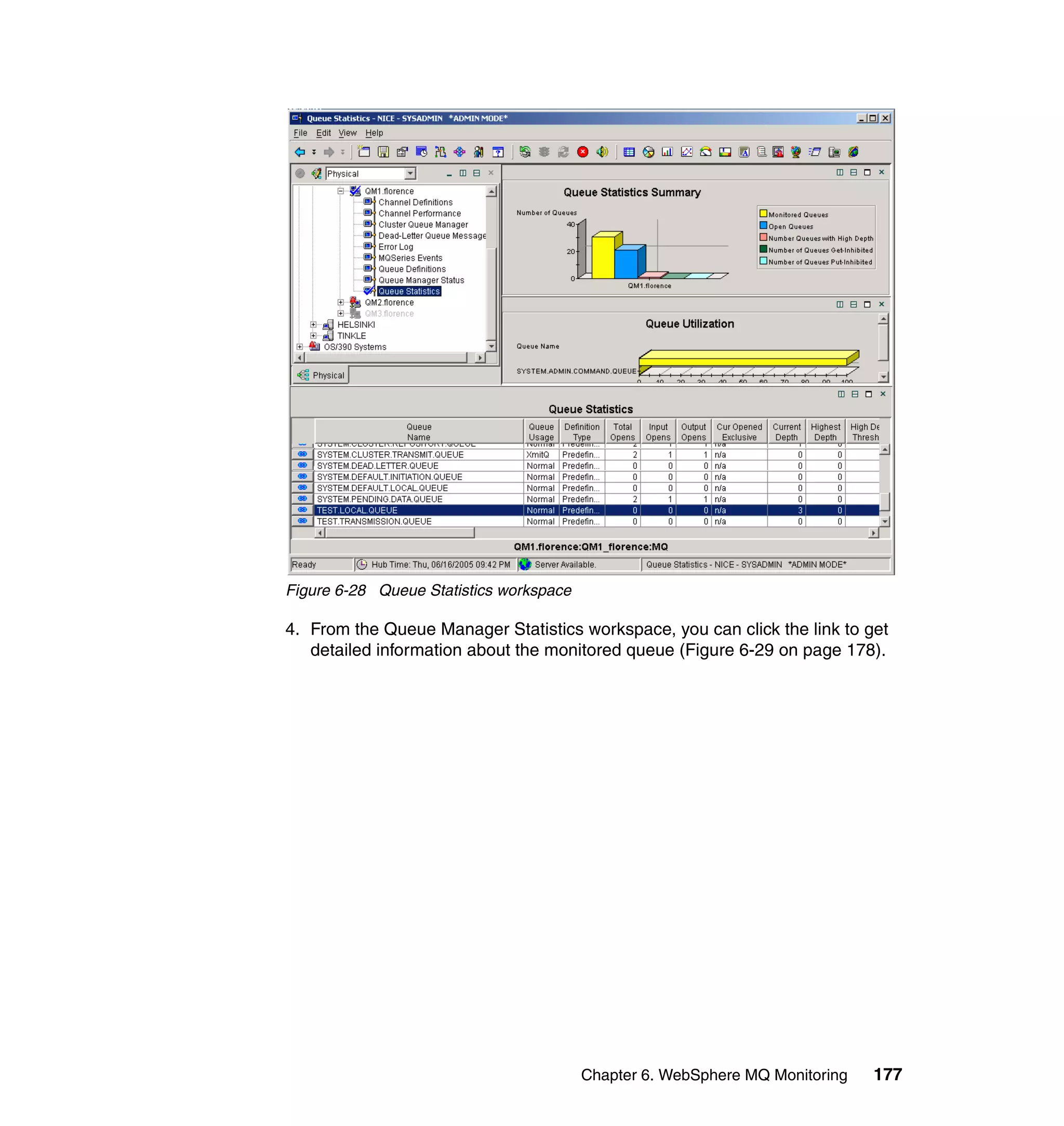 Figure 6-28 Queue Statistics workspace

4. From the Queue Manager Statistics workspace, you can click the link to get
   detailed information about the monitored queue (Figure 6-29 on page 178).




                                         Chapter 6. WebSphere MQ Monitoring   177
 