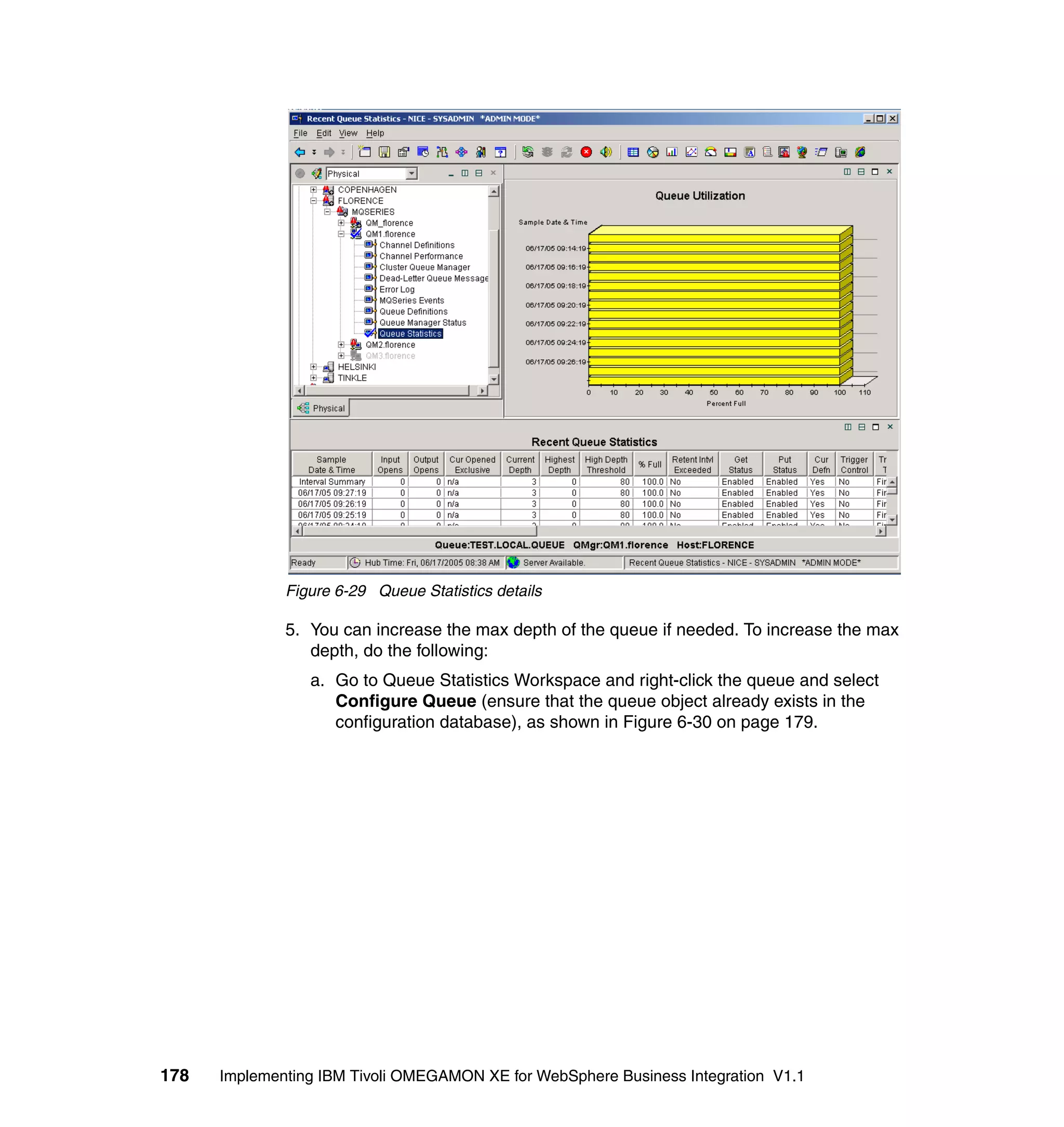 Figure 6-29 Queue Statistics details

              5. You can increase the max depth of the queue if needed. To increase the max
                 depth, do the following:
                 a. Go to Queue Statistics Workspace and right-click the queue and select
                    Configure Queue (ensure that the queue object already exists in the
                    configuration database), as shown in Figure 6-30 on page 179.




178   Implementing IBM Tivoli OMEGAMON XE for WebSphere Business Integration V1.1
 