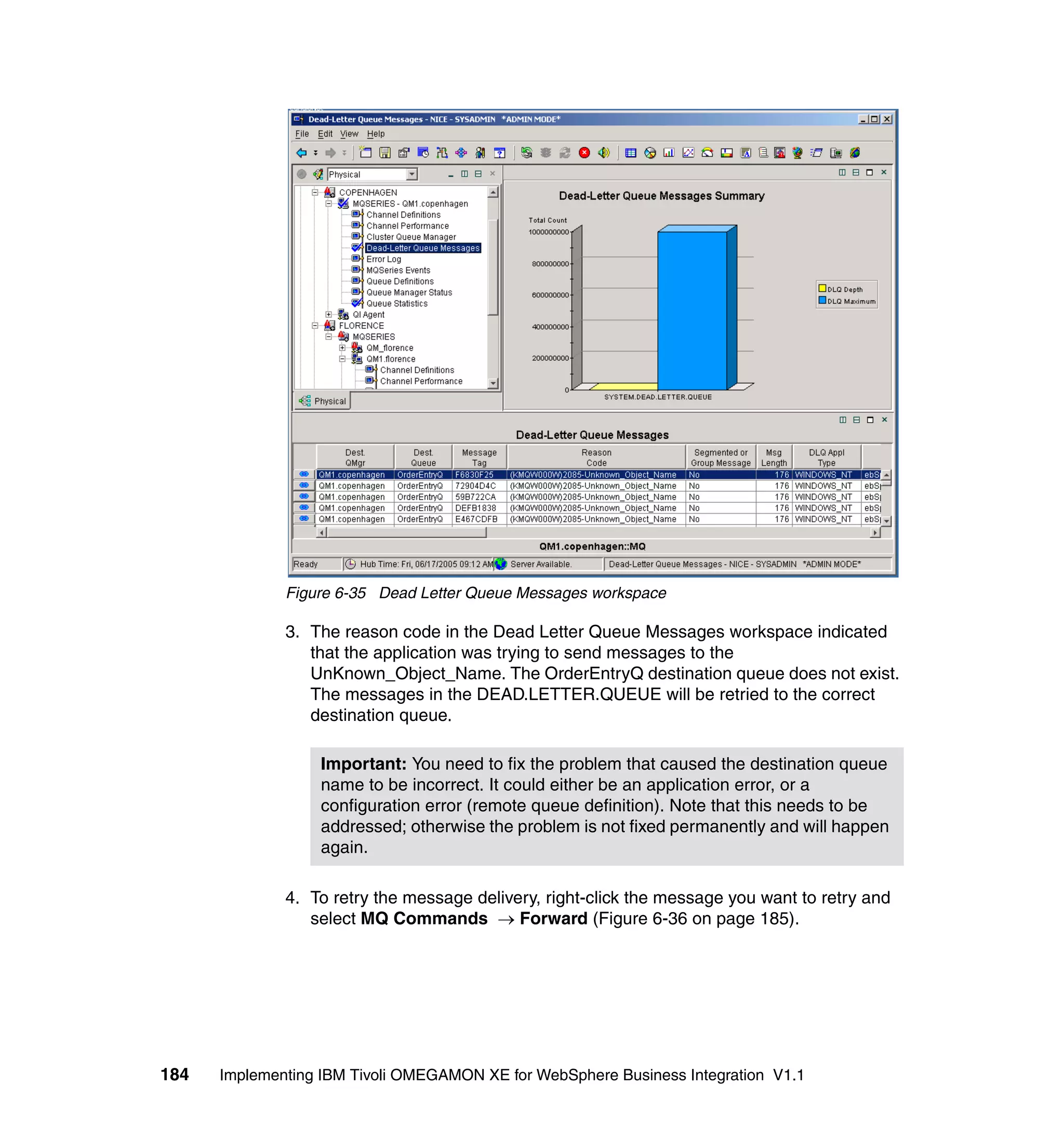 Figure 6-35 Dead Letter Queue Messages workspace

              3. The reason code in the Dead Letter Queue Messages workspace indicated
                 that the application was trying to send messages to the
                 UnKnown_Object_Name. The OrderEntryQ destination queue does not exist.
                 The messages in the DEAD.LETTER.QUEUE will be retried to the correct
                 destination queue.

                  Important: You need to fix the problem that caused the destination queue
                  name to be incorrect. It could either be an application error, or a
                  configuration error (remote queue definition). Note that this needs to be
                  addressed; otherwise the problem is not fixed permanently and will happen
                  again.

              4. To retry the message delivery, right-click the message you want to retry and
                 select MQ Commands → Forward (Figure 6-36 on page 185).




184   Implementing IBM Tivoli OMEGAMON XE for WebSphere Business Integration V1.1
 