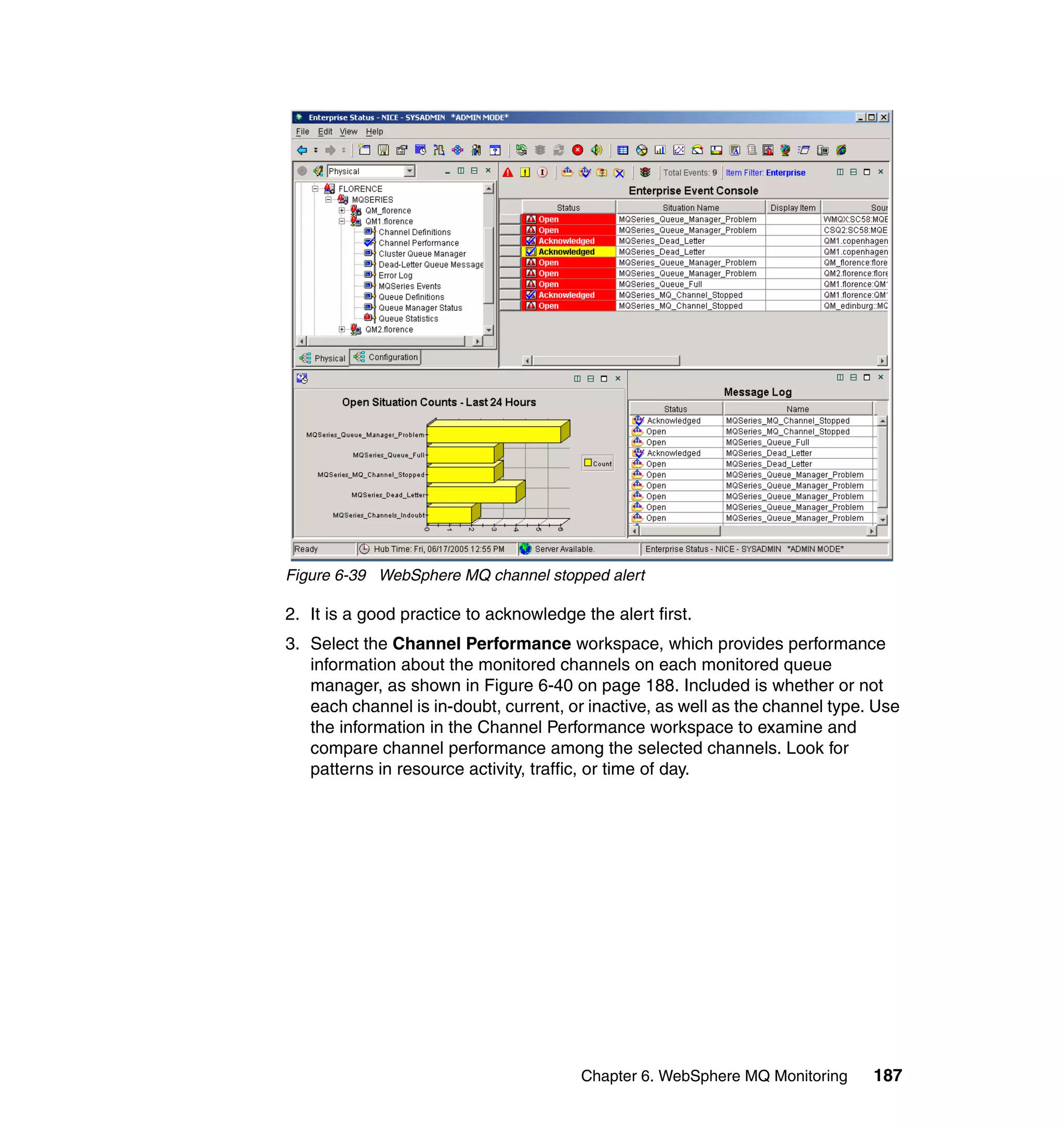 Figure 6-39 WebSphere MQ channel stopped alert

2. It is a good practice to acknowledge the alert first.
3. Select the Channel Performance workspace, which provides performance
   information about the monitored channels on each monitored queue
   manager, as shown in Figure 6-40 on page 188. Included is whether or not
   each channel is in-doubt, current, or inactive, as well as the channel type. Use
   the information in the Channel Performance workspace to examine and
   compare channel performance among the selected channels. Look for
   patterns in resource activity, traffic, or time of day.




                                        Chapter 6. WebSphere MQ Monitoring     187
 
