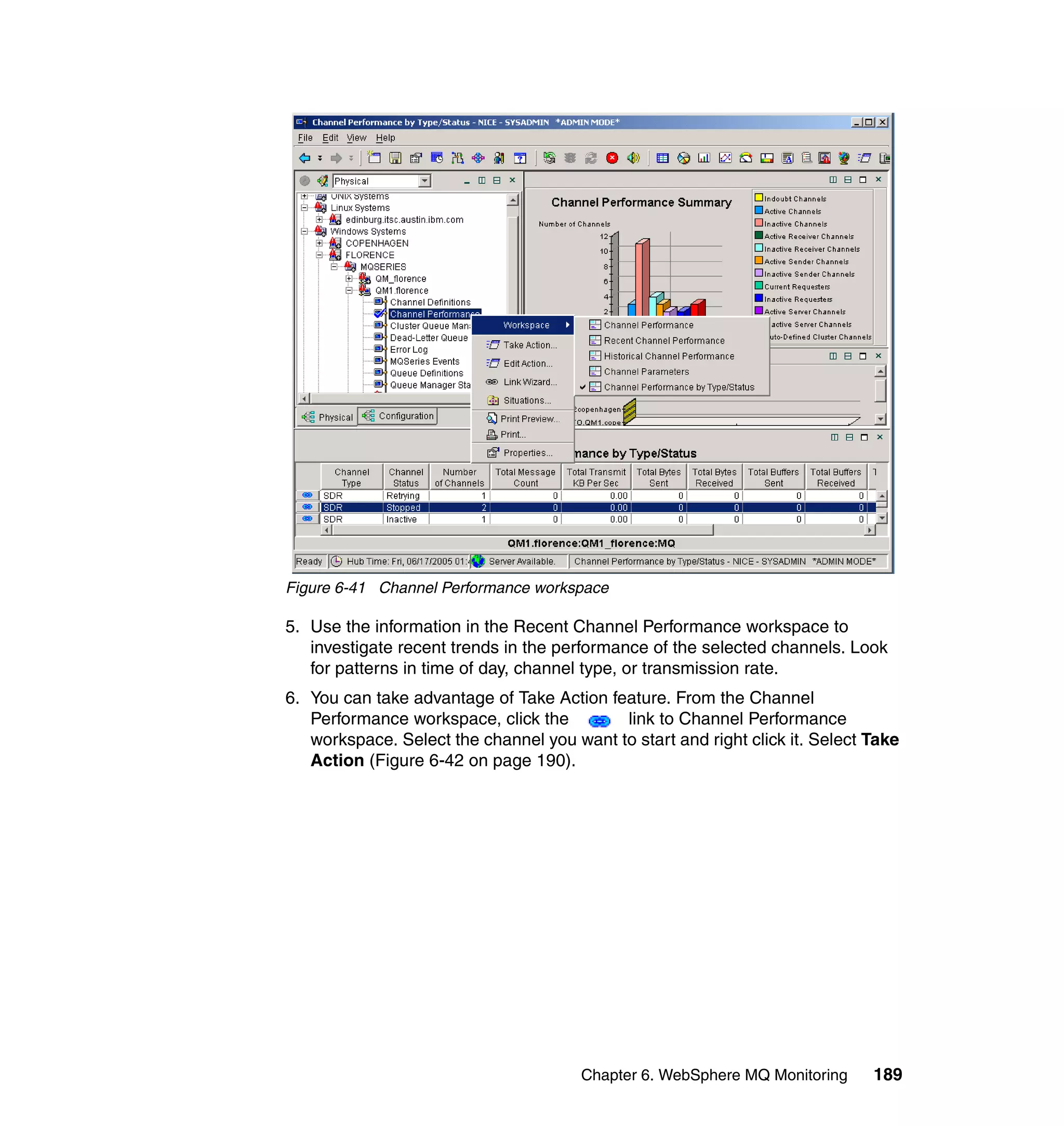 Figure 6-41 Channel Performance workspace

5. Use the information in the Recent Channel Performance workspace to
   investigate recent trends in the performance of the selected channels. Look
   for patterns in time of day, channel type, or transmission rate.
6. You can take advantage of Take Action feature. From the Channel
   Performance workspace, click the        link to Channel Performance
   workspace. Select the channel you want to start and right click it. Select Take
   Action (Figure 6-42 on page 190).




                                       Chapter 6. WebSphere MQ Monitoring     189
 