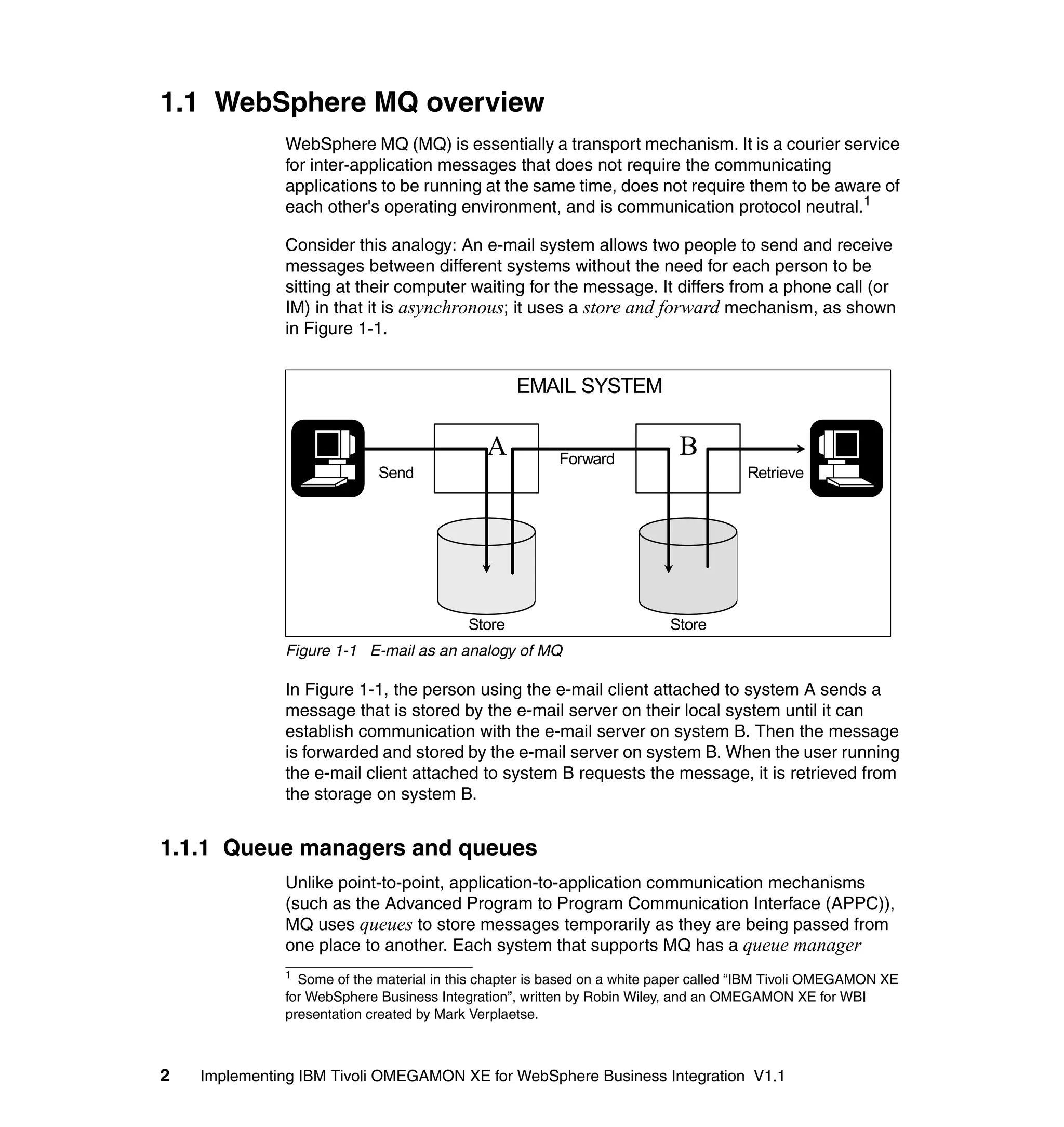 1.1 WebSphere MQ overview
              WebSphere MQ (MQ) is essentially a transport mechanism. It is a courier service
              for inter-application messages that does not require the communicating
              applications to be running at the same time, does not require them to be aware of
              each other's operating environment, and is communication protocol neutral.1

              Consider this analogy: An e-mail system allows two people to send and receive
              messages between different systems without the need for each person to be
              sitting at their computer waiting for the message. It differs from a phone call (or
              IM) in that it is asynchronous; it uses a store and forward mechanism, as shown
              in Figure 1-1.


                                                  EMAIL SYSTEM

                                             A          Forward
                                                                           B
                            Send                                                     Retrieve




                                          Store                          Store
              Figure 1-1 E-mail as an analogy of MQ

              In Figure 1-1, the person using the e-mail client attached to system A sends a
              message that is stored by the e-mail server on their local system until it can
              establish communication with the e-mail server on system B. Then the message
              is forwarded and stored by the e-mail server on system B. When the user running
              the e-mail client attached to system B requests the message, it is retrieved from
              the storage on system B.


1.1.1 Queue managers and queues
              Unlike point-to-point, application-to-application communication mechanisms
              (such as the Advanced Program to Program Communication Interface (APPC)),
              MQ uses queues to store messages temporarily as they are being passed from
              one place to another. Each system that supports MQ has a queue manager
              1
                Some of the material in this chapter is based on a white paper called “IBM Tivoli OMEGAMON XE
              for WebSphere Business Integration”, written by Robin Wiley, and an OMEGAMON XE for WBI
              presentation created by Mark Verplaetse.



2   Implementing IBM Tivoli OMEGAMON XE for WebSphere Business Integration V1.1
 