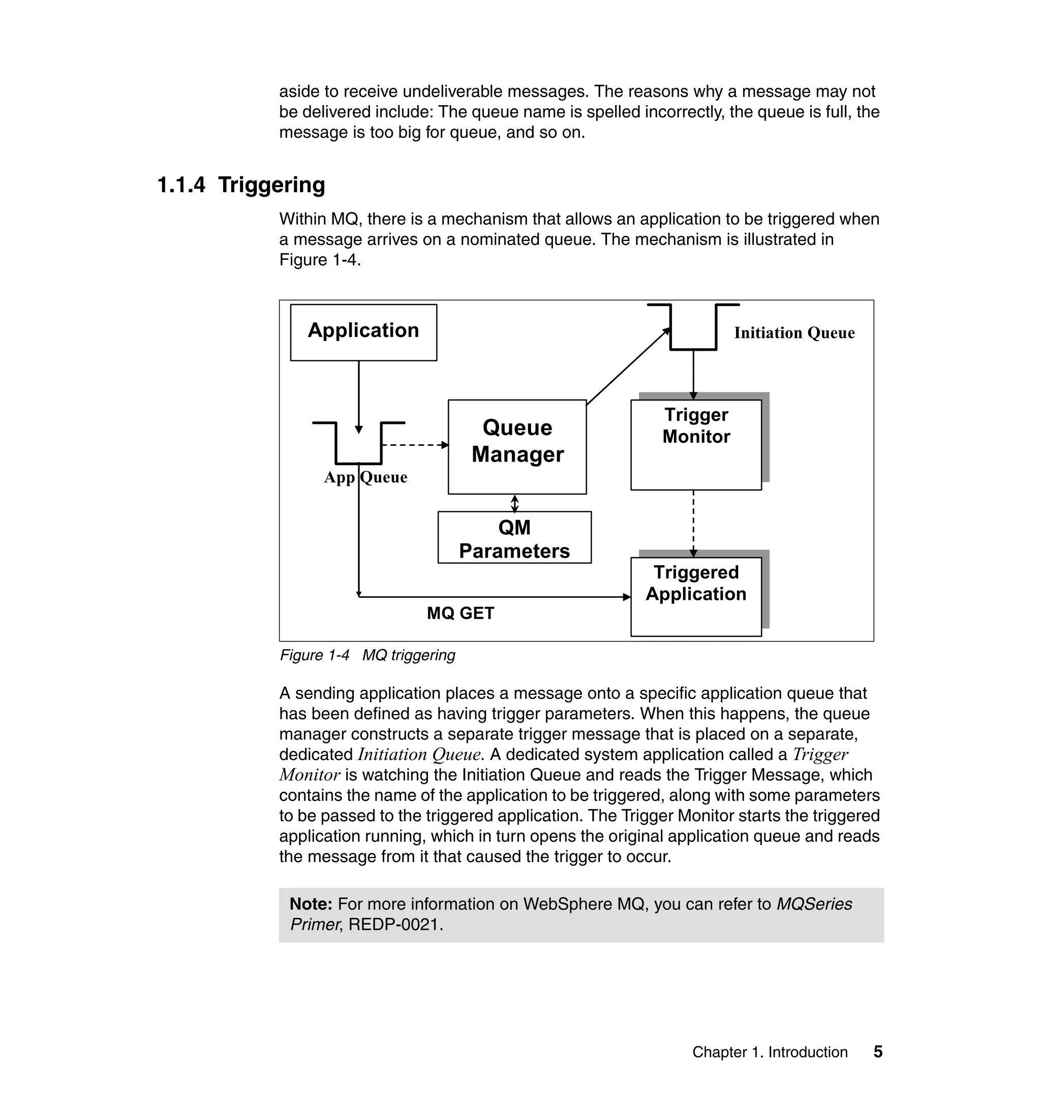 aside to receive undeliverable messages. The reasons why a message may not
           be delivered include: The queue name is spelled incorrectly, the queue is full, the
           message is too big for queue, and so on.


1.1.4 Triggering
           Within MQ, there is a mechanism that allows an application to be triggered when
           a message arrives on a nominated queue. The mechanism is illustrated in
           Figure 1-4.



              Application                                                 Initiation Queue



                                                               Trigger
                                        Queue                  Monitor
                                       Manager
                 App Queue


                                          QM
                                      Parameters
                                                              Triggered
                                                             Application
                               MQ GET

           Figure 1-4 MQ triggering

           A sending application places a message onto a specific application queue that
           has been defined as having trigger parameters. When this happens, the queue
           manager constructs a separate trigger message that is placed on a separate,
           dedicated Initiation Queue. A dedicated system application called a Trigger
           Monitor is watching the Initiation Queue and reads the Trigger Message, which
           contains the name of the application to be triggered, along with some parameters
           to be passed to the triggered application. The Trigger Monitor starts the triggered
           application running, which in turn opens the original application queue and reads
           the message from it that caused the trigger to occur.

            Note: For more information on WebSphere MQ, you can refer to MQSeries
            Primer, REDP-0021.




                                                                    Chapter 1. Introduction   5
 
