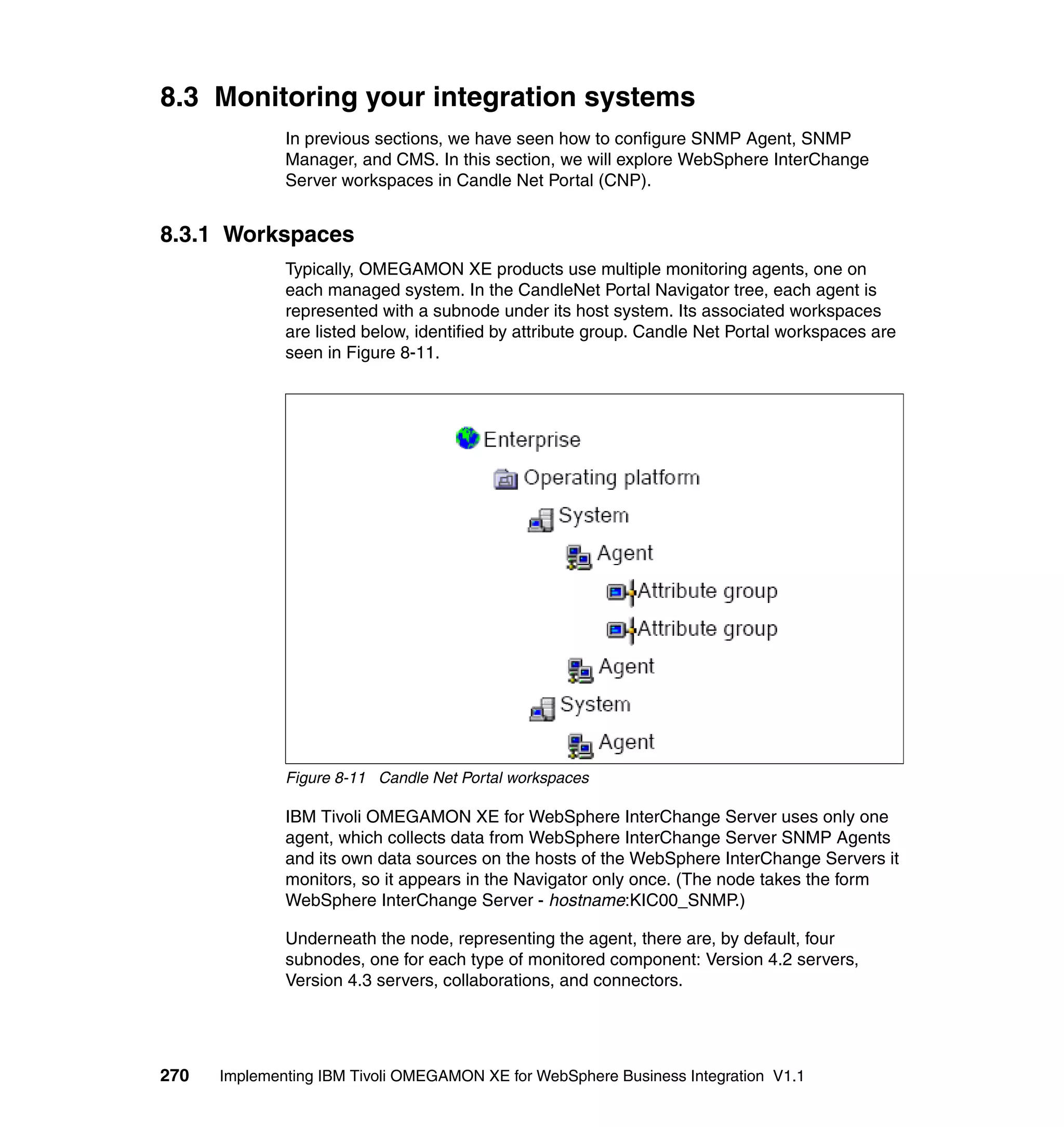 8.3 Monitoring your integration systems
              In previous sections, we have seen how to configure SNMP Agent, SNMP
              Manager, and CMS. In this section, we will explore WebSphere InterChange
              Server workspaces in Candle Net Portal (CNP).


8.3.1 Workspaces
              Typically, OMEGAMON XE products use multiple monitoring agents, one on
              each managed system. In the CandleNet Portal Navigator tree, each agent is
              represented with a subnode under its host system. Its associated workspaces
              are listed below, identified by attribute group. Candle Net Portal workspaces are
              seen in Figure 8-11.




              Figure 8-11 Candle Net Portal workspaces

              IBM Tivoli OMEGAMON XE for WebSphere InterChange Server uses only one
              agent, which collects data from WebSphere InterChange Server SNMP Agents
              and its own data sources on the hosts of the WebSphere InterChange Servers it
              monitors, so it appears in the Navigator only once. (The node takes the form
              WebSphere InterChange Server - hostname:KIC00_SNMP.)

              Underneath the node, representing the agent, there are, by default, four
              subnodes, one for each type of monitored component: Version 4.2 servers,
              Version 4.3 servers, collaborations, and connectors.




270   Implementing IBM Tivoli OMEGAMON XE for WebSphere Business Integration V1.1
 