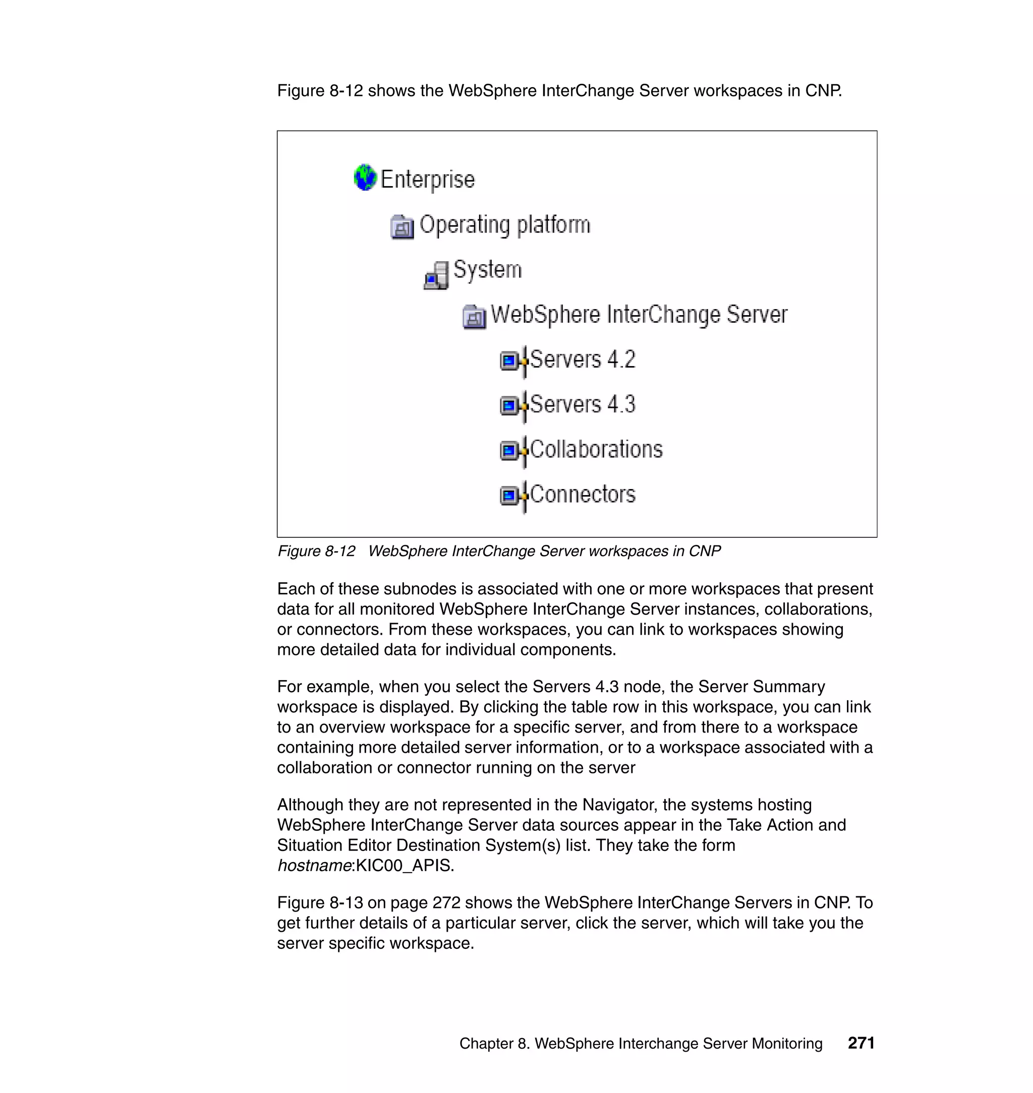 Figure 8-12 shows the WebSphere InterChange Server workspaces in CNP.




Figure 8-12 WebSphere InterChange Server workspaces in CNP

Each of these subnodes is associated with one or more workspaces that present
data for all monitored WebSphere InterChange Server instances, collaborations,
or connectors. From these workspaces, you can link to workspaces showing
more detailed data for individual components.

For example, when you select the Servers 4.3 node, the Server Summary
workspace is displayed. By clicking the table row in this workspace, you can link
to an overview workspace for a specific server, and from there to a workspace
containing more detailed server information, or to a workspace associated with a
collaboration or connector running on the server

Although they are not represented in the Navigator, the systems hosting
WebSphere InterChange Server data sources appear in the Take Action and
Situation Editor Destination System(s) list. They take the form
hostname:KIC00_APIS.

Figure 8-13 on page 272 shows the WebSphere InterChange Servers in CNP. To
get further details of a particular server, click the server, which will take you the
server specific workspace.




                          Chapter 8. WebSphere Interchange Server Monitoring     271
 