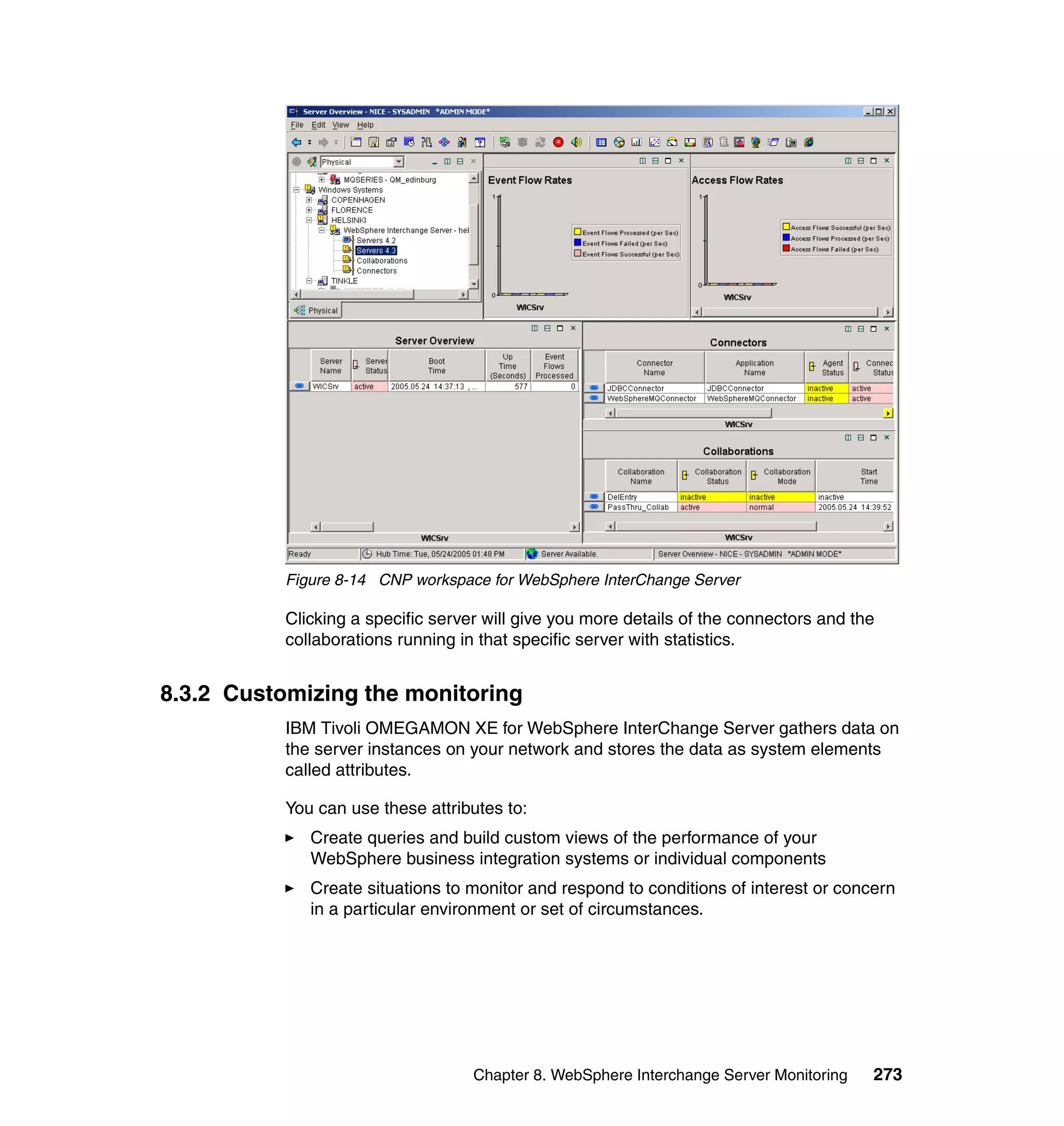 Figure 8-14 CNP workspace for WebSphere InterChange Server

           Clicking a specific server will give you more details of the connectors and the
           collaborations running in that specific server with statistics.


8.3.2 Customizing the monitoring
           IBM Tivoli OMEGAMON XE for WebSphere InterChange Server gathers data on
           the server instances on your network and stores the data as system elements
           called attributes.

           You can use these attributes to:
              Create queries and build custom views of the performance of your
              WebSphere business integration systems or individual components
              Create situations to monitor and respond to conditions of interest or concern
              in a particular environment or set of circumstances.




                                    Chapter 8. WebSphere Interchange Server Monitoring   273
 
