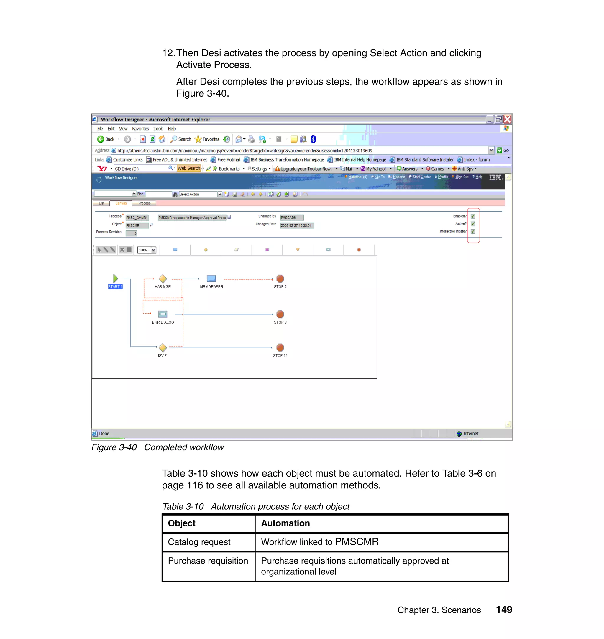 12.Then Desi activates the process by opening Select Action and clicking
                   Activate Process.
                   After Desi completes the previous steps, the workflow appears as shown in
                   Figure 3-40.




Figure 3-40 Completed workflow

                Table 3-10 shows how each object must be automated. Refer to Table 3-6 on
                page 116 to see all available automation methods.

                Table 3-10 Automation process for each object
                 Object                 Automation

                 Catalog request        Workflow linked to PMSCMR

                 Purchase requisition   Purchase requisitions automatically approved at
                                        organizational level



                                                                          Chapter 3. Scenarios   149
 