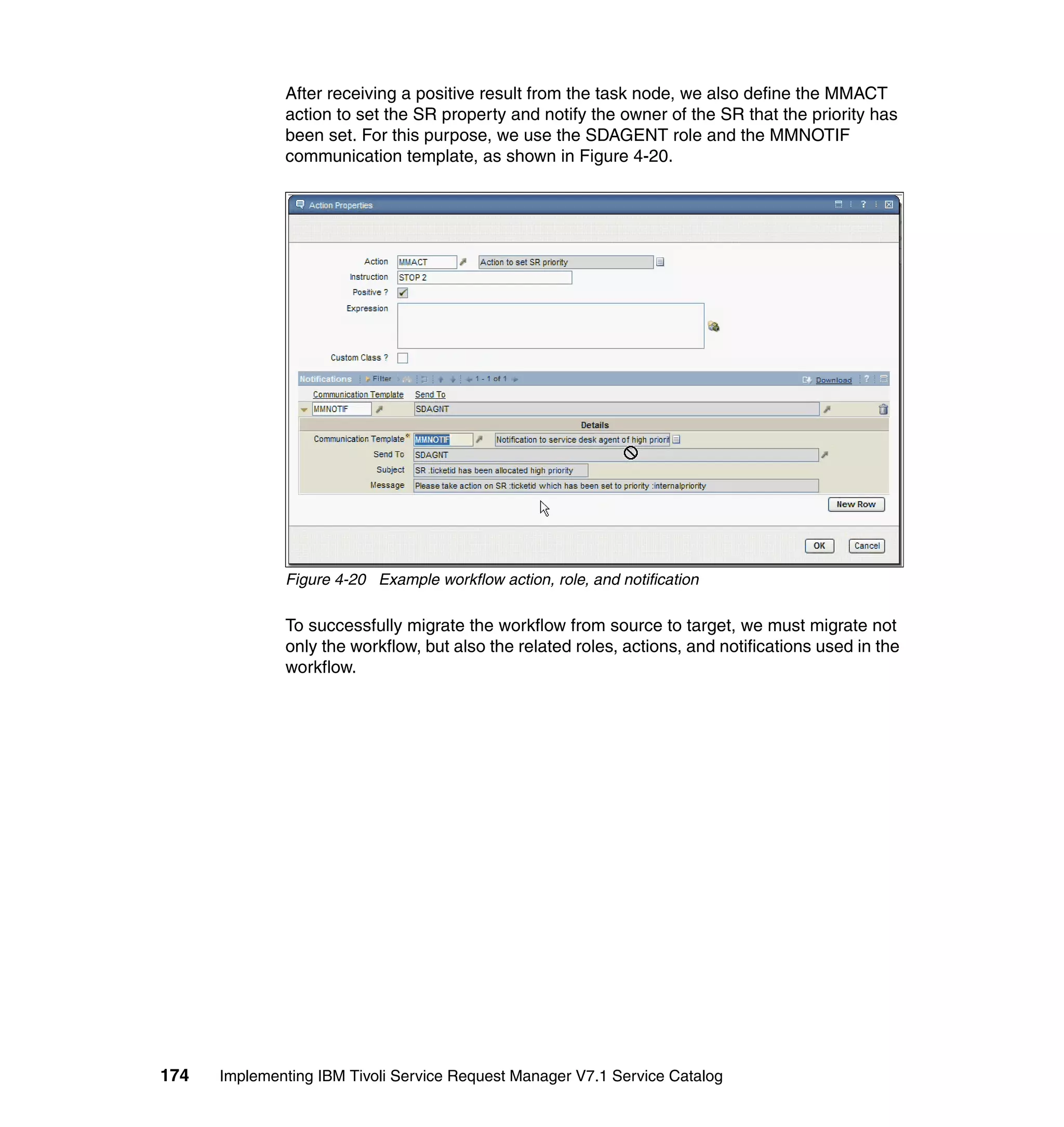 After receiving a positive result from the task node, we also define the MMACT
              action to set the SR property and notify the owner of the SR that the priority has
              been set. For this purpose, we use the SDAGENT role and the MMNOTIF
              communication template, as shown in Figure 4-20.




              Figure 4-20 Example workflow action, role, and notification

              To successfully migrate the workflow from source to target, we must migrate not
              only the workflow, but also the related roles, actions, and notifications used in the
              workflow.




174   Implementing IBM Tivoli Service Request Manager V7.1 Service Catalog
 