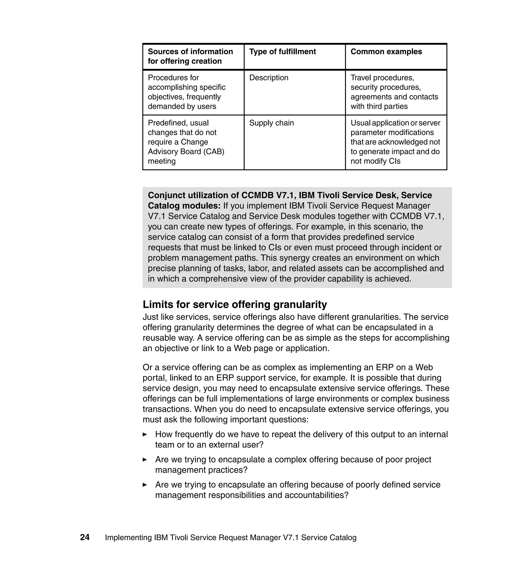 Sources of information      Type of fulfillment        Common examples
                for offering creation

                Procedures for              Description                Travel procedures,
                accomplishing specific                                 security procedures,
                objectives, frequently                                 agreements and contacts
                demanded by users                                      with third parties

                Predefined, usual           Supply chain               Usual application or server
                changes that do not                                    parameter modifications
                require a Change                                       that are acknowledged not
                Advisory Board (CAB)                                   to generate impact and do
                meeting                                                not modify CIs



                Conjunct utilization of CCMDB V7.1, IBM Tivoli Service Desk, Service
                Catalog modules: If you implement IBM Tivoli Service Request Manager
                V7.1 Service Catalog and Service Desk modules together with CCMDB V7.1,
                you can create new types of offerings. For example, in this scenario, the
                service catalog can consist of a form that provides predefined service
                requests that must be linked to CIs or even must proceed through incident or
                problem management paths. This synergy creates an environment on which
                precise planning of tasks, labor, and related assets can be accomplished and
                in which a comprehensive view of the provider capability is achieved.


               Limits for service offering granularity
               Just like services, service offerings also have different granularities. The service
               offering granularity determines the degree of what can be encapsulated in a
               reusable way. A service offering can be as simple as the steps for accomplishing
               an objective or link to a Web page or application.

               Or a service offering can be as complex as implementing an ERP on a Web
               portal, linked to an ERP support service, for example. It is possible that during
               service design, you may need to encapsulate extensive service offerings. These
               offerings can be full implementations of large environments or complex business
               transactions. When you do need to encapsulate extensive service offerings, you
               must ask the following important questions:
                  How frequently do we have to repeat the delivery of this output to an internal
                  team or to an external user?
                  Are we trying to encapsulate a complex offering because of poor project
                  management practices?
                  Are we trying to encapsulate an offering because of poorly defined service
                  management responsibilities and accountabilities?



24   Implementing IBM Tivoli Service Request Manager V7.1 Service Catalog
 
