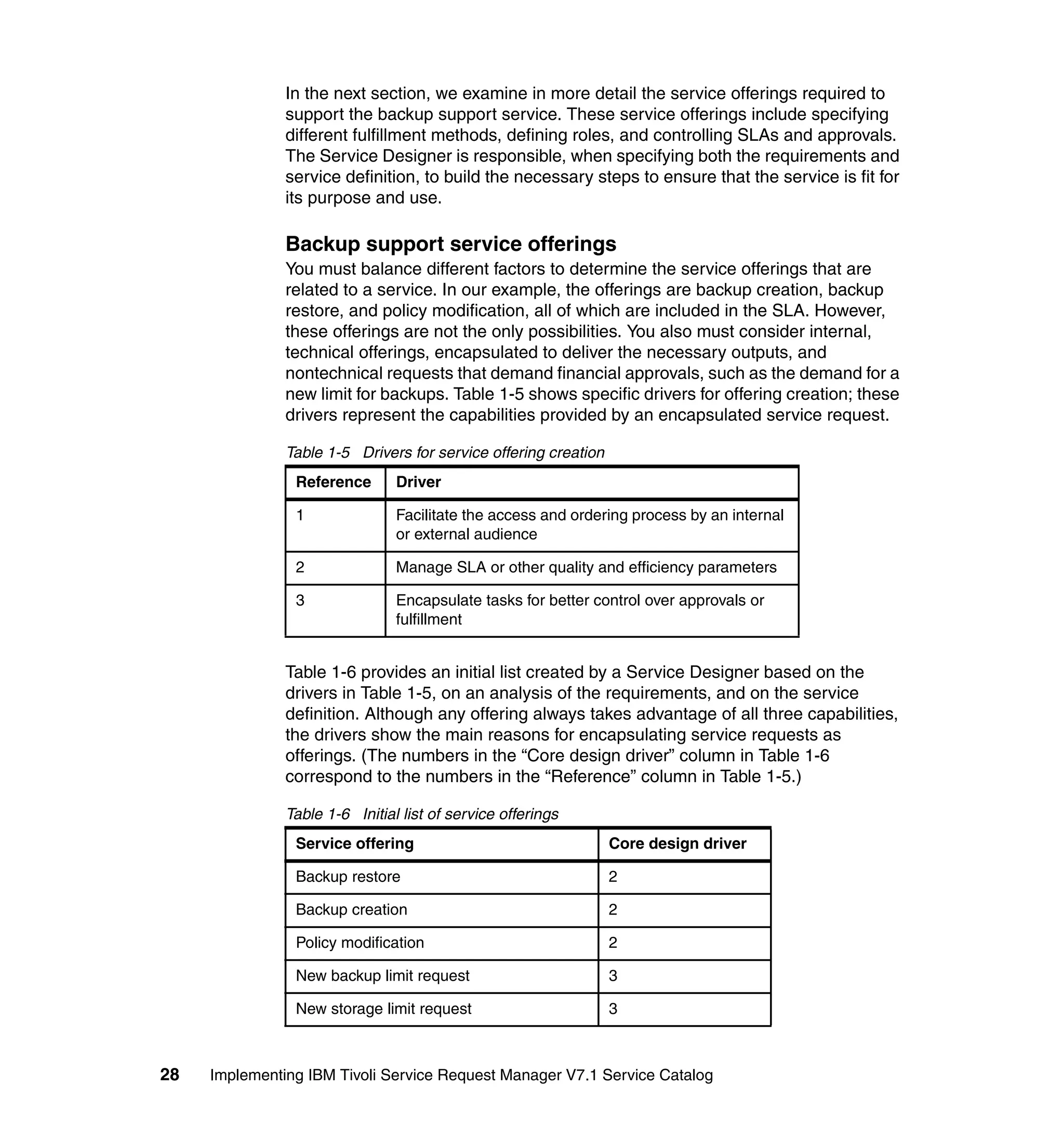 In the next section, we examine in more detail the service offerings required to
               support the backup support service. These service offerings include specifying
               different fulfillment methods, defining roles, and controlling SLAs and approvals.
               The Service Designer is responsible, when specifying both the requirements and
               service definition, to build the necessary steps to ensure that the service is fit for
               its purpose and use.

               Backup support service offerings
               You must balance different factors to determine the service offerings that are
               related to a service. In our example, the offerings are backup creation, backup
               restore, and policy modification, all of which are included in the SLA. However,
               these offerings are not the only possibilities. You also must consider internal,
               technical offerings, encapsulated to deliver the necessary outputs, and
               nontechnical requests that demand financial approvals, such as the demand for a
               new limit for backups. Table 1-5 shows specific drivers for offering creation; these
               drivers represent the capabilities provided by an encapsulated service request.

               Table 1-5 Drivers for service offering creation
                Reference       Driver

                1               Facilitate the access and ordering process by an internal
                                or external audience

                2               Manage SLA or other quality and efficiency parameters

                3               Encapsulate tasks for better control over approvals or
                                fulfillment


               Table 1-6 provides an initial list created by a Service Designer based on the
               drivers in Table 1-5, on an analysis of the requirements, and on the service
               definition. Although any offering always takes advantage of all three capabilities,
               the drivers show the main reasons for encapsulating service requests as
               offerings. (The numbers in the “Core design driver” column in Table 1-6
               correspond to the numbers in the “Reference” column in Table 1-5.)

               Table 1-6 Initial list of service offerings
                Service offering                                 Core design driver

                Backup restore                                   2

                Backup creation                                  2

                Policy modification                              2

                New backup limit request                         3

                New storage limit request                        3



28   Implementing IBM Tivoli Service Request Manager V7.1 Service Catalog
 