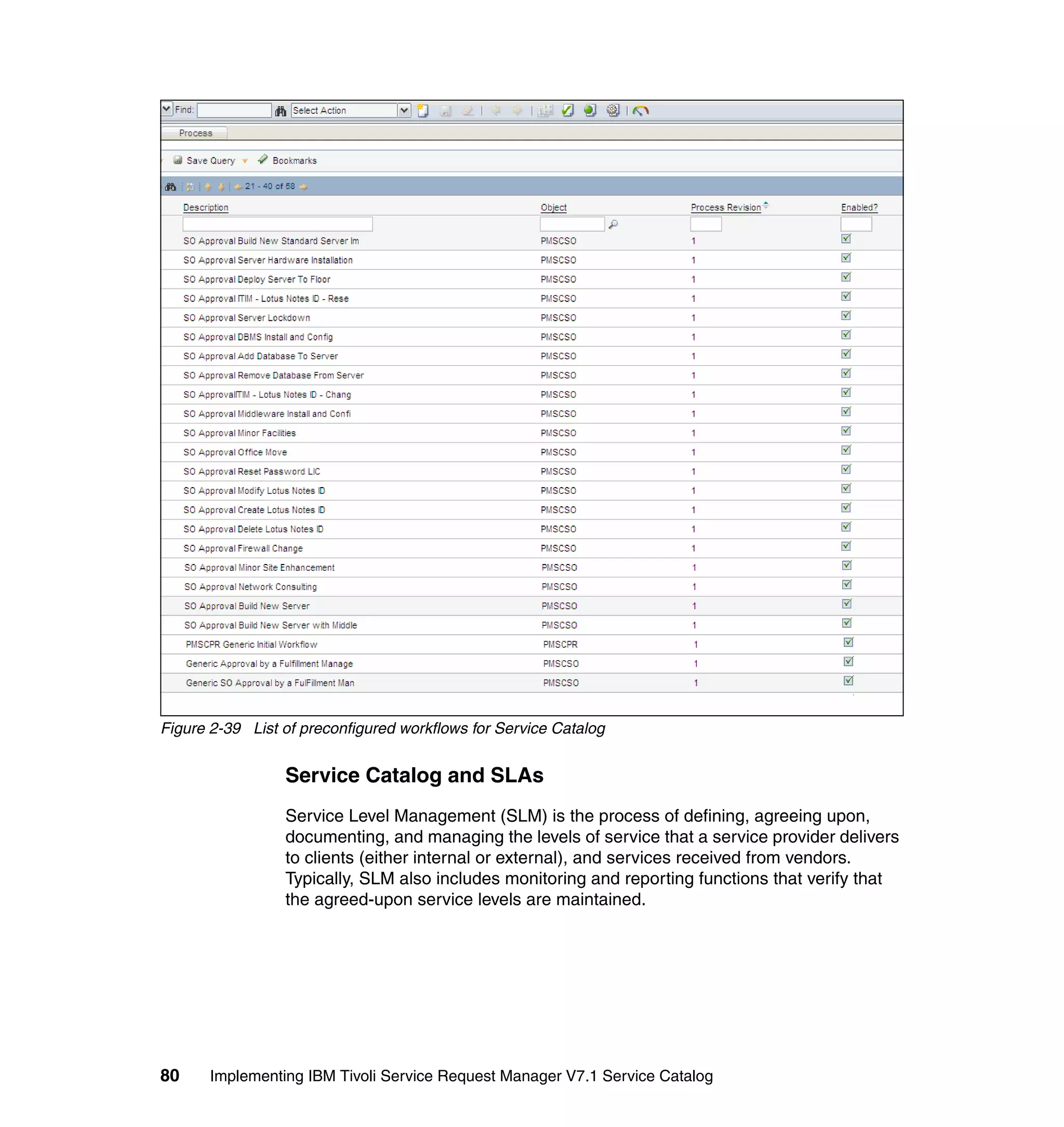 Figure 2-39 List of preconfigured workflows for Service Catalog


                 Service Catalog and SLAs
                 Service Level Management (SLM) is the process of defining, agreeing upon,
                 documenting, and managing the levels of service that a service provider delivers
                 to clients (either internal or external), and services received from vendors.
                 Typically, SLM also includes monitoring and reporting functions that verify that
                 the agreed-upon service levels are maintained.




80     Implementing IBM Tivoli Service Request Manager V7.1 Service Catalog
 