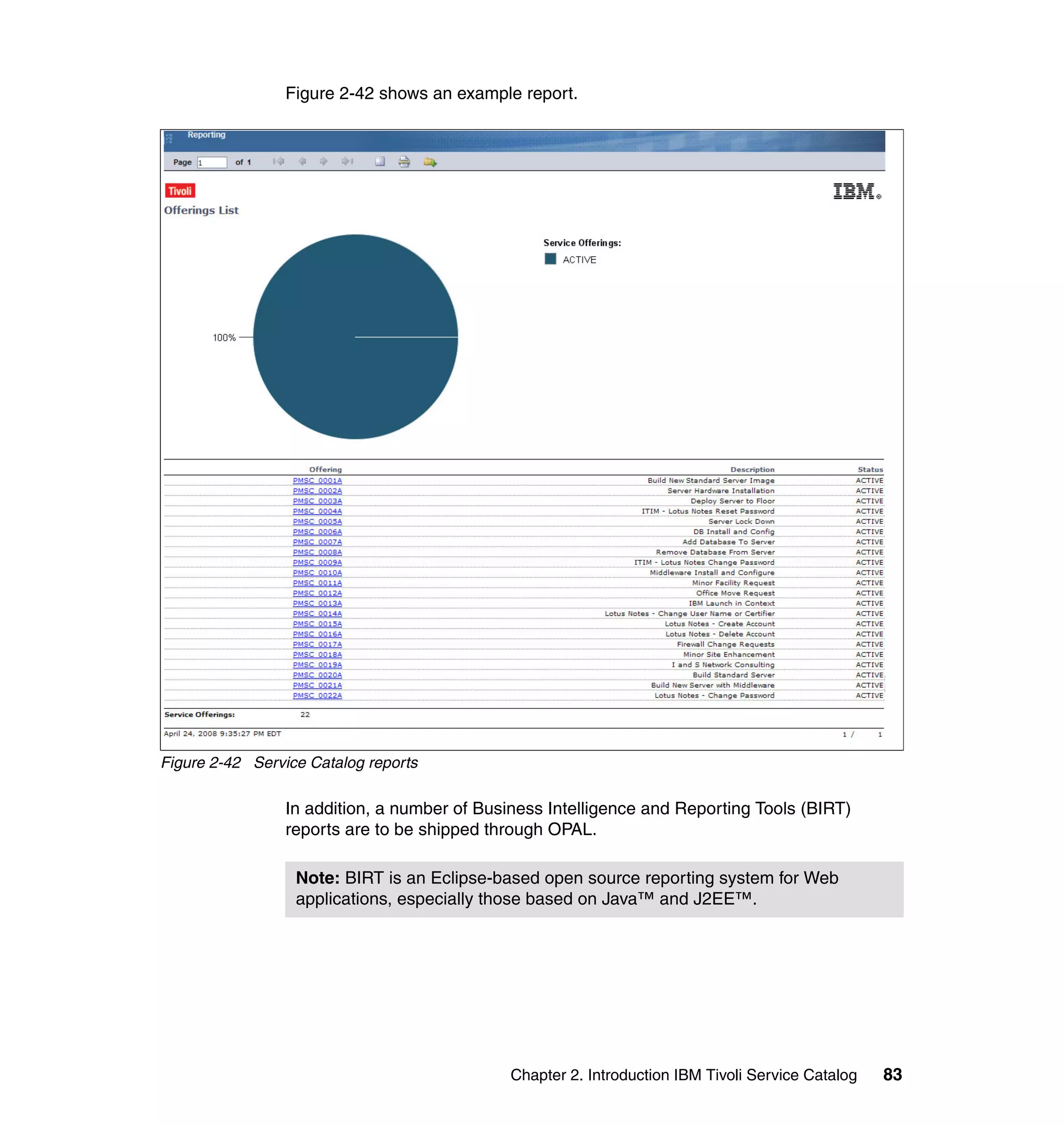 Figure 2-42 shows an example report.




Figure 2-42 Service Catalog reports

                 In addition, a number of Business Intelligence and Reporting Tools (BIRT)
                 reports are to be shipped through OPAL.

                  Note: BIRT is an Eclipse-based open source reporting system for Web
                  applications, especially those based on Java™ and J2EE™.




                                              Chapter 2. Introduction IBM Tivoli Service Catalog   83
 