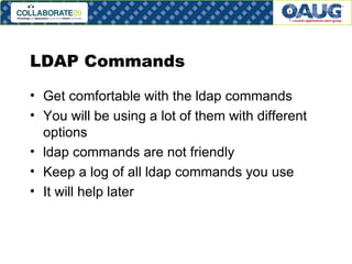 LDAP Commands Get comfortable with the ldap commands You will be using a lot of them with different options ldap commands are not friendly Keep a log of all ldap commands you use It will help later 
