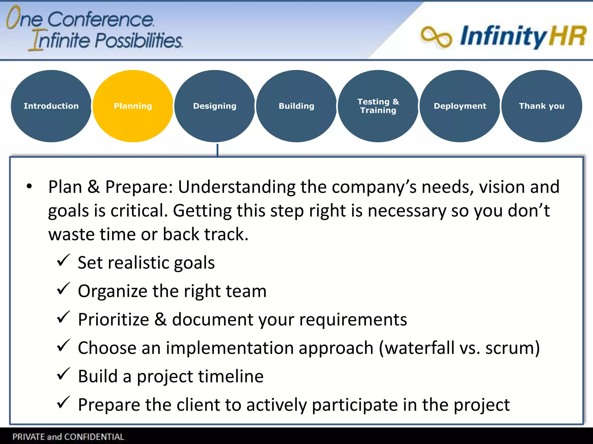 Introduction Planning Designing Building 
Testing & 
Training 
Deployment Thank you 
• Plan & Prepare: Understanding the company’s needs, vision and 
goals is critical. Getting this step right is necessary so you don’t 
waste time or back track. 
 Set realistic goals 
 Organize the right team 
 Prioritize & document your requirements 
 Choose an implementation approach (waterfall vs. scrum) 
 Build a project timeline 
 Prepare the client to actively participate in the project 
 