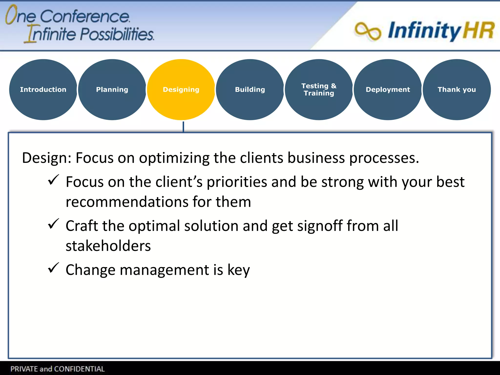 Introduction Planning Designing Building 
Design: Focus on optimizing the clients business processes. 
 Focus on the client’s priorities and be strong with your best 
recommendations for them 
 Craft the optimal solution and get signoff from all 
stakeholders 
 Change management is key 
Testing & 
Training 
Deployment Thank you 
 