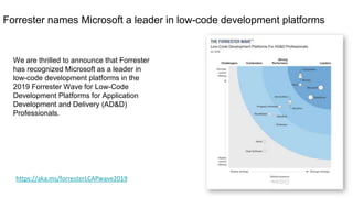 We are thrilled to announce that Forrester
has recognized Microsoft as a leader in
low-code development platforms in the
2019 Forrester Wave for Low-Code
Development Platforms for Application
Development and Delivery (AD&D)
Professionals.
Forrester names Microsoft a leader in low-code development platforms
https://aka.ms/forresterLCAPwave2019
 