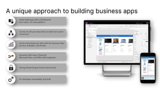 A unique approach to building business apps
Easily build apps with a full featured
low-code / no-code platform
Dynamics 365, Azure, Power BI,
Microsoft Flow, and Office 365 integration
Connect to all your data with pre-built and custom
connectors
Enrich and extend your data with the Common Data
Service, AI Builder, and Portals
Pro developer extensibility and ALM
Strong enterprise governance and security
 