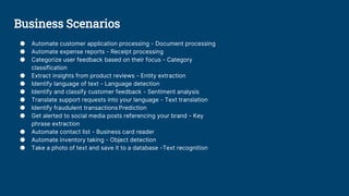 ● Automate customer application processing - Document processing
● Automate expense reports - Receipt processing
● Categorize user feedback based on their focus - Category
classification
● Extract insights from product reviews - Entity extraction
● Identify language of text - Language detection
● Identify and classify customer feedback - Sentiment analysis
● Translate support requests into your language - Text translation
● Identify fraudulent transactions Prediction
● Get alerted to social media posts referencing your brand - Key
phrase extraction
● Automate contact list - Business card reader
● Automate inventory taking - Object detection
● Take a photo of text and save it to a database -Text recognition
Business Scenarios
 