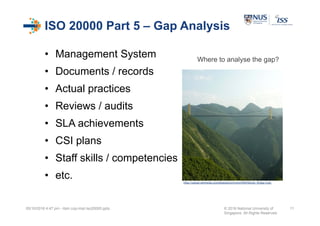 ISO 20000 Part 5 – Gap Analysis
• Management System
• Documents / records
• Actual practices
• Reviews / audits
• SLA achievements
• CSI plans
• Staff skills / competencies
• etc.
05/10/2016 4:47 pm - itsm cop-impl iso20000.pptx © 2016 National University of
Singapore. All Rights Reserved.
11
https://upload.wikimedia.org/wikipedia/commons/9/90/Siduhe_Bridge-4.jpg
Where to analyse the gap?
 