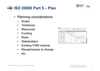 ISO 20000 Part 5 – Plan
• Planning considerations
• Scope
• Timeframe
• Resources
• Funding
• Risks
• Stakeholders
• Existing ITSM maturity
• Receptiveness to change
• etc.
05/10/2016 4:47 pm - itsm cop-impl iso20000.pptx © 2016 National University of
Singapore. All Rights Reserved.
13
 