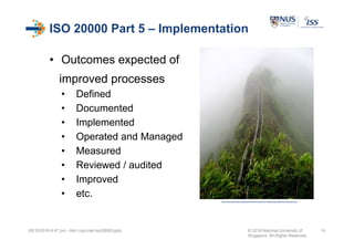 ISO 20000 Part 5 – Implementation
• Outcomes expected of
improved processes
• Defined
• Documented
• Implemented
• Operated and Managed
• Measured
• Reviewed / audited
• Improved
• etc.
05/10/2016 4:47 pm - itsm cop-impl iso20000.pptx © 2016 National University of
Singapore. All Rights Reserved.
14
https://upload.wikimedia.org/wikipedia/commons/thumb/c/c1/HaikuLadder.jpg/576px-HaikuLadder.jpg
 
