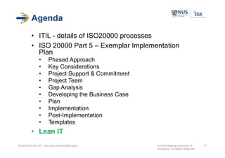 Agenda
• ITIL - details of ISO20000 processes
• ISO 20000 Part 5 – Exemplar Implementation
Plan
• Phased Approach
• Key Considerations
• Project Support & Commitment
• Project Team
• Gap Analysis
• Developing the Business Case
• Plan
• Implementation
• Post-Implementation
• Templates
• Lean IT
05/10/2016 4:47 pm - itsm cop-impl iso20000.pptx © 2016 National University of
Singapore. All Rights Reserved.
17
 